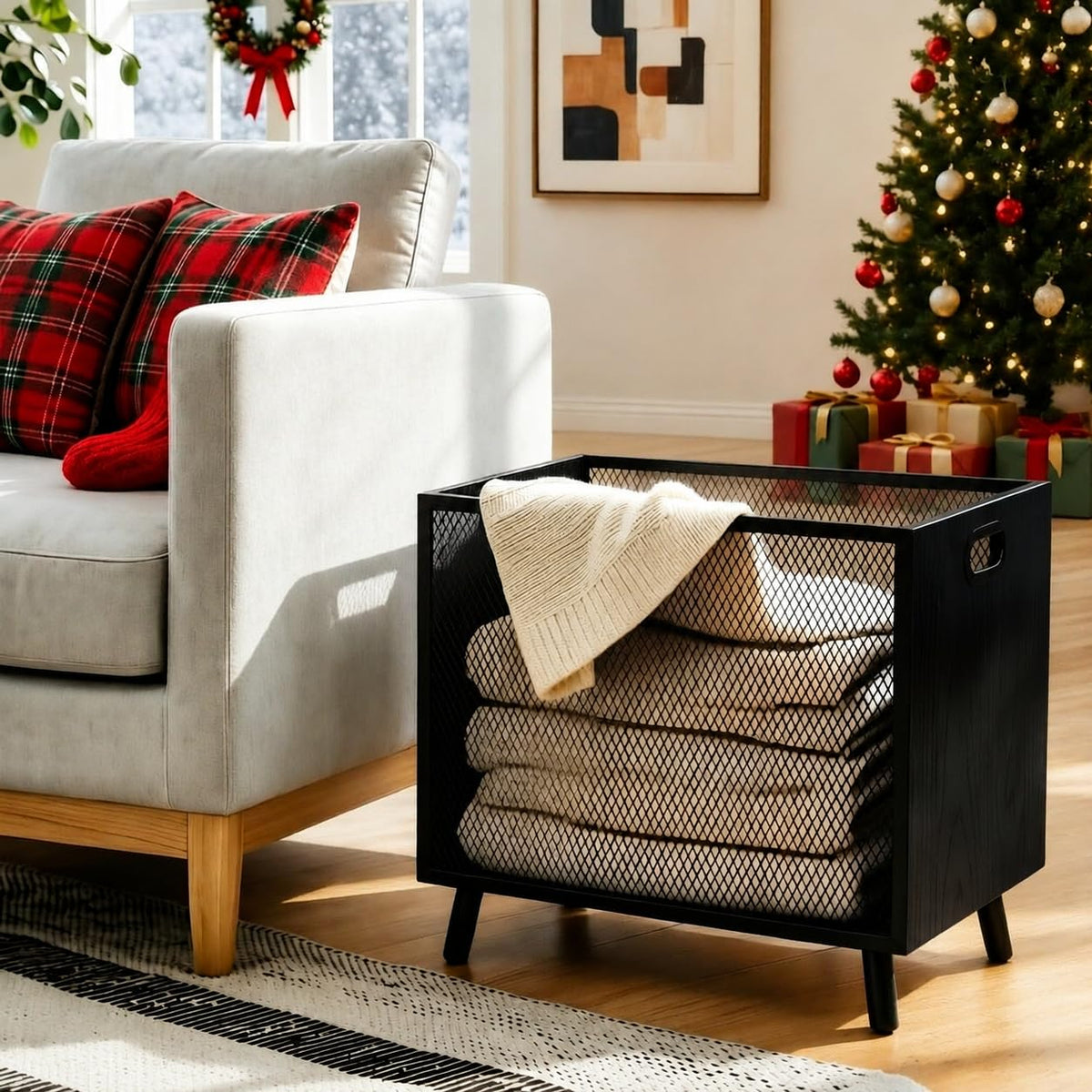 FANTERSI 66L Blanket Basket, Large Basket Organizer With Modern Design, Blanket Storage Basket For Living Room, Wood And Metal M