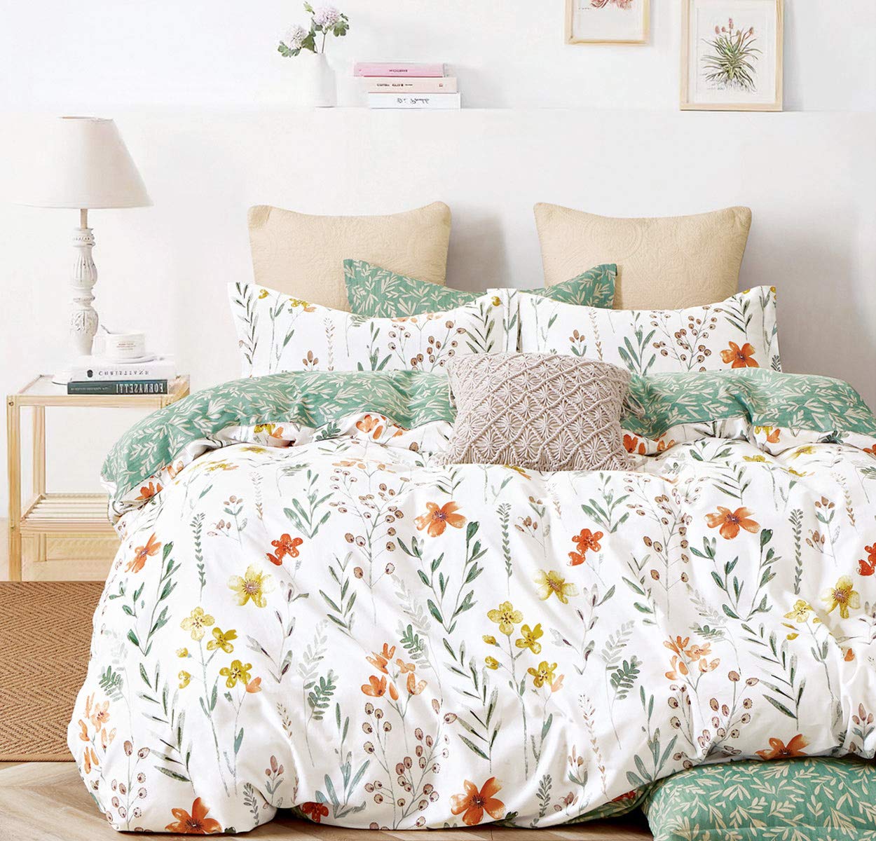 Sleepbella Duvet Cover Set 600 Thread Count Cotton Bedding Set (Full, White&Green Floral)