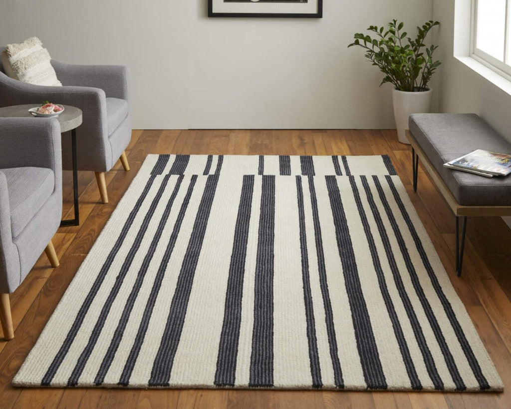HomeRoots 514388 8 x 10 ft. Ivory & Black Wool Abstract Hand Tufted Handmade Rectangle Area Rug, Rectangular