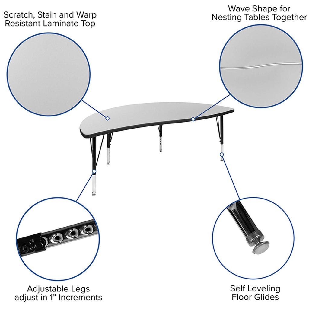 Flash Furniture Emmy 2 Piece 86" Oval Wave Flexible Grey Thermal Laminate Activity Table Set - Height Adjustable Short Legs