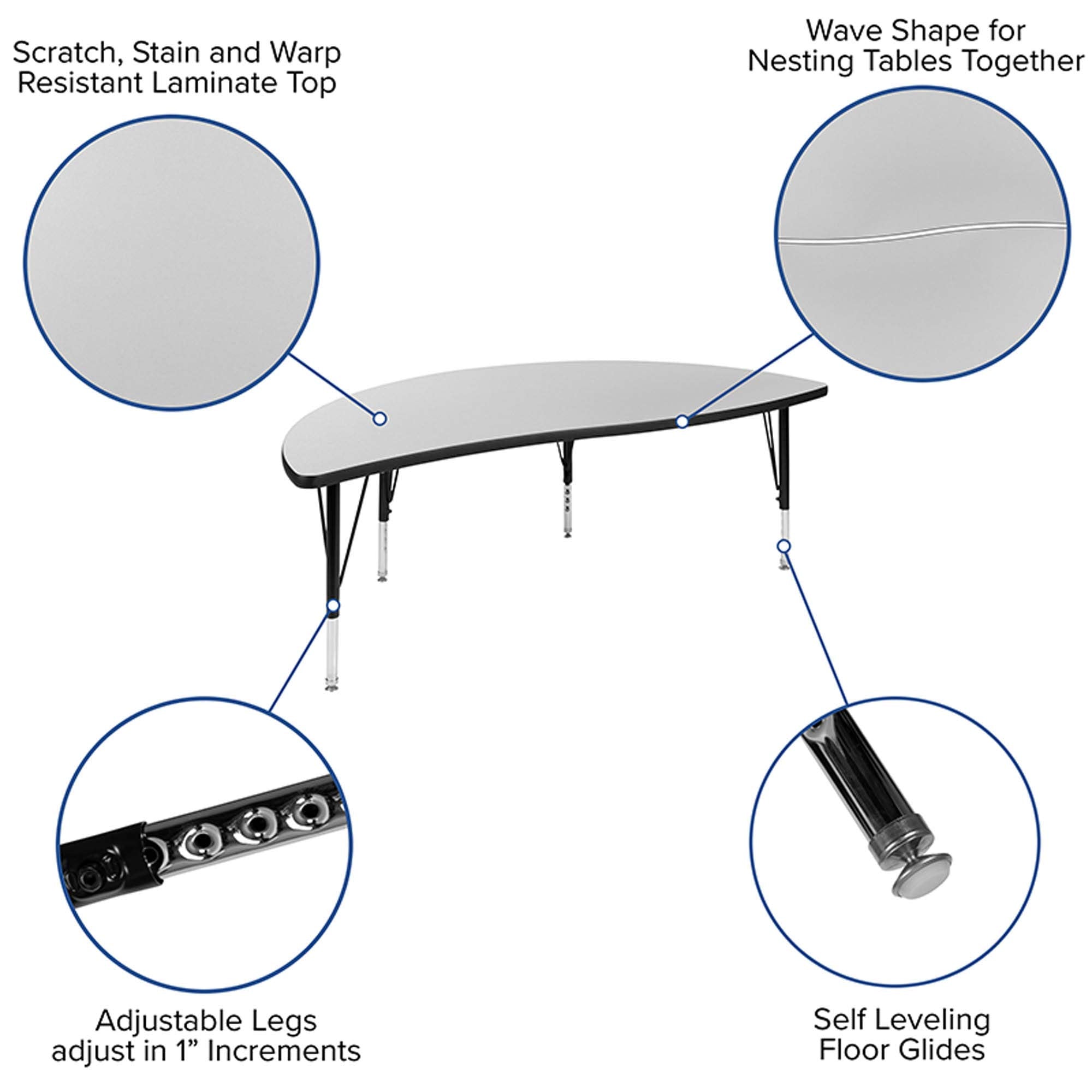 Flash Furniture Emmy 2 Piece 86" Oval Wave Flexible Grey Thermal Laminate Activity Table Set - Height Adjustable Short Legs