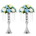 Nuptio 2 Pcs Silver Wedding Centerpieces Flower Stand, 13.8in/35cm Tall Artificial Flower Arrangements, Crystal Metal Vase Flowe