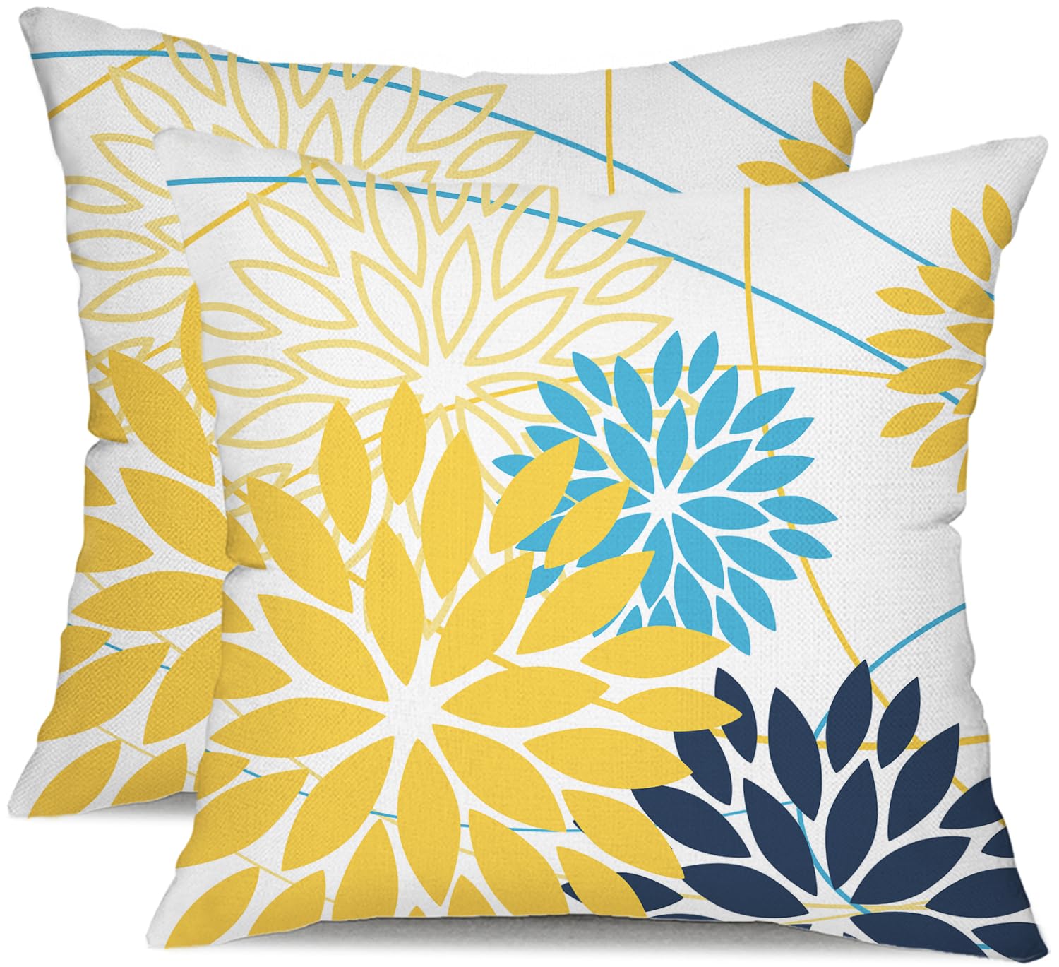 Yellow And Dark Blue Floral Pillow Covers 18X18 Set Of 2 Outdoor Waterproof Decorative Throw Pillows Summer Pillow Covers Polyes