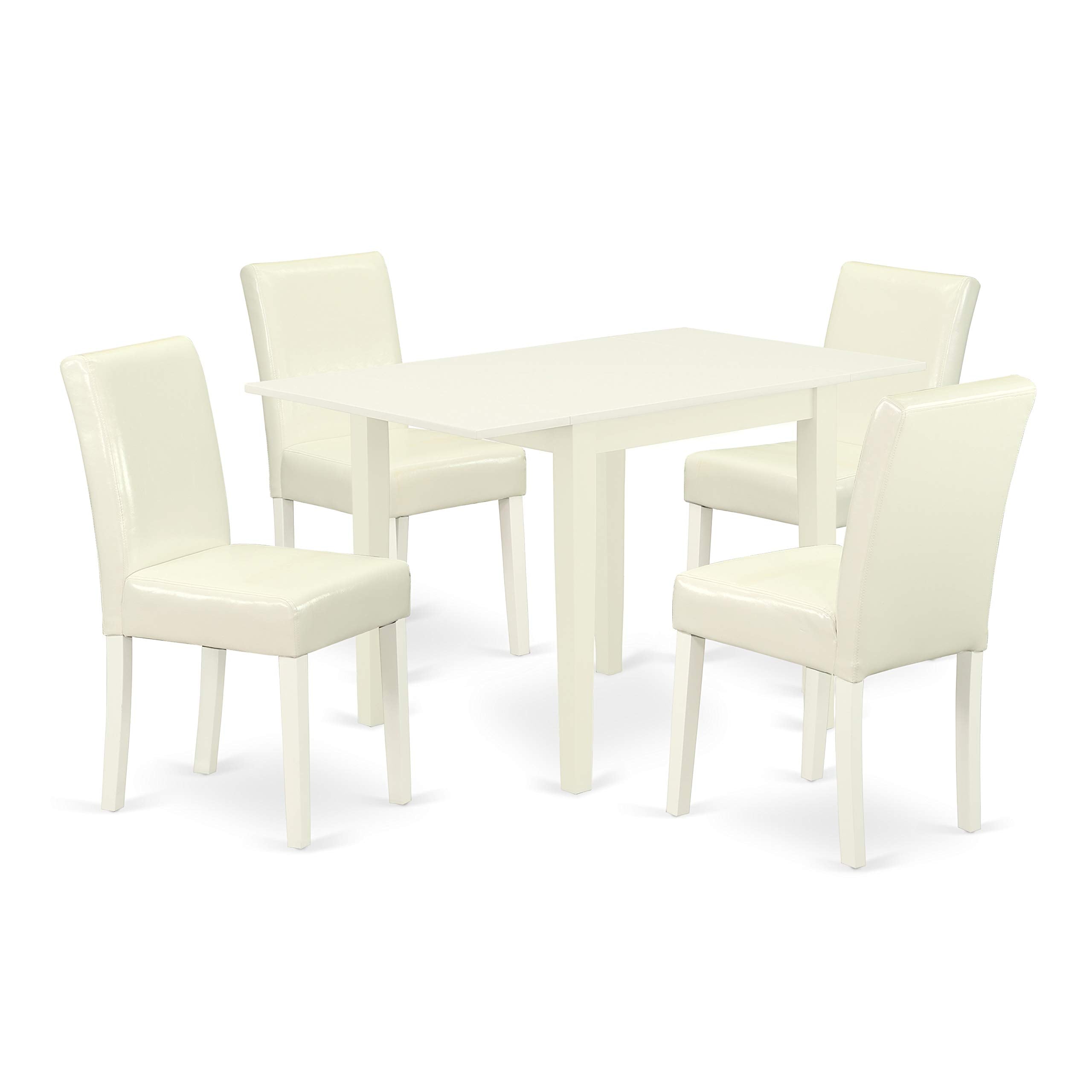 East West Furniture 1NDAB5-LWH-64 5 Piece Dinette Set for 4 Includes a Rectangle Room Table with Dropleaf and 4 White Faux Leather Parson Dining Chairs, 30x48 Inch