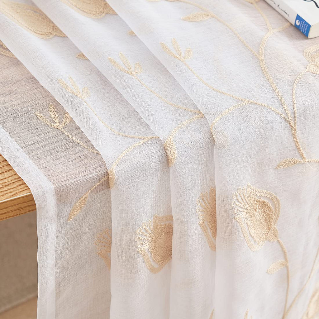 Floral Embroidery Beige Sheer Curtains 84 Inches Long, Rod Pocket Sheer Drapes For Living Room, Bedroom, 2 Panels, 52''X 84'', S