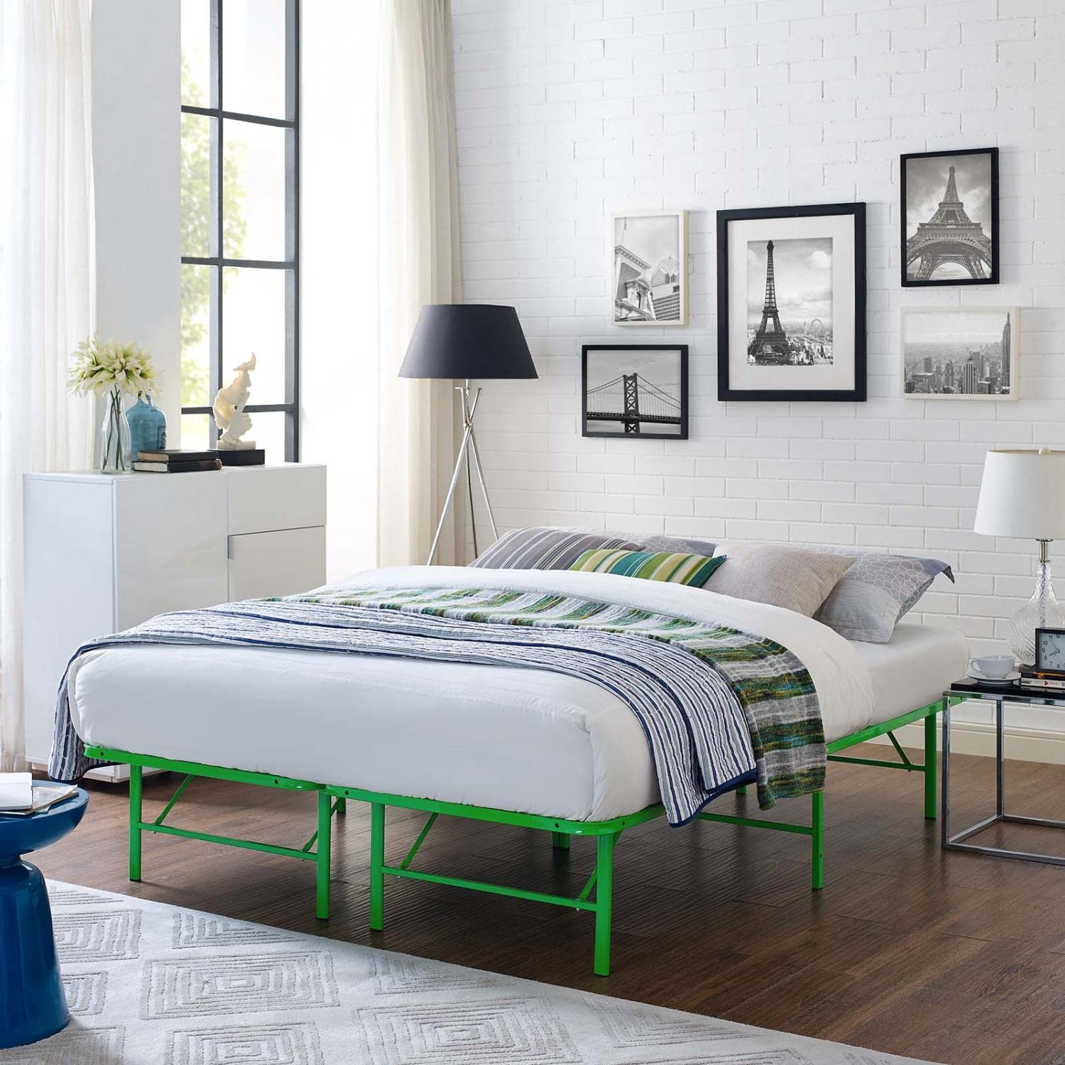 Modway Horizon Replaces Box Spring-Folding Metal Mattress Bed Frame, Full, Green