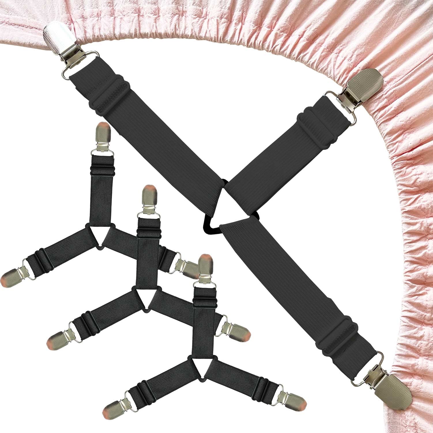 Bozenu Bed Sheet Straps, Upgrade Fitted Bed Sheet Holders For Corners, Non Slip Sheet Clips Black 4Pcs