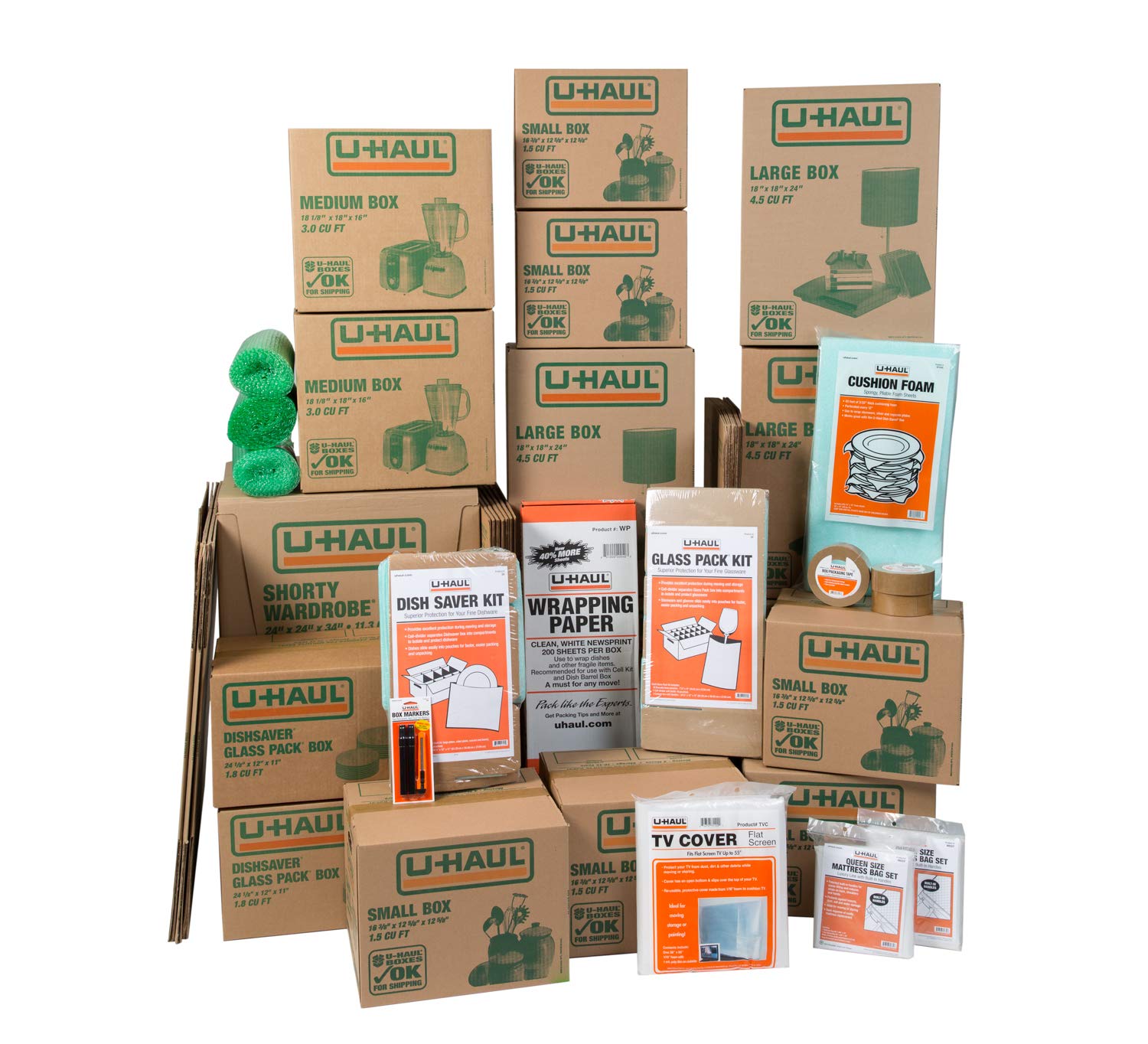 U-Haul Household Moving Kit - 36 Moving Boxes, 2 Wardrobe Boxes, 2 Dish And Glass Packing Kits, 2 Mattress Bags, Tape, And Assor