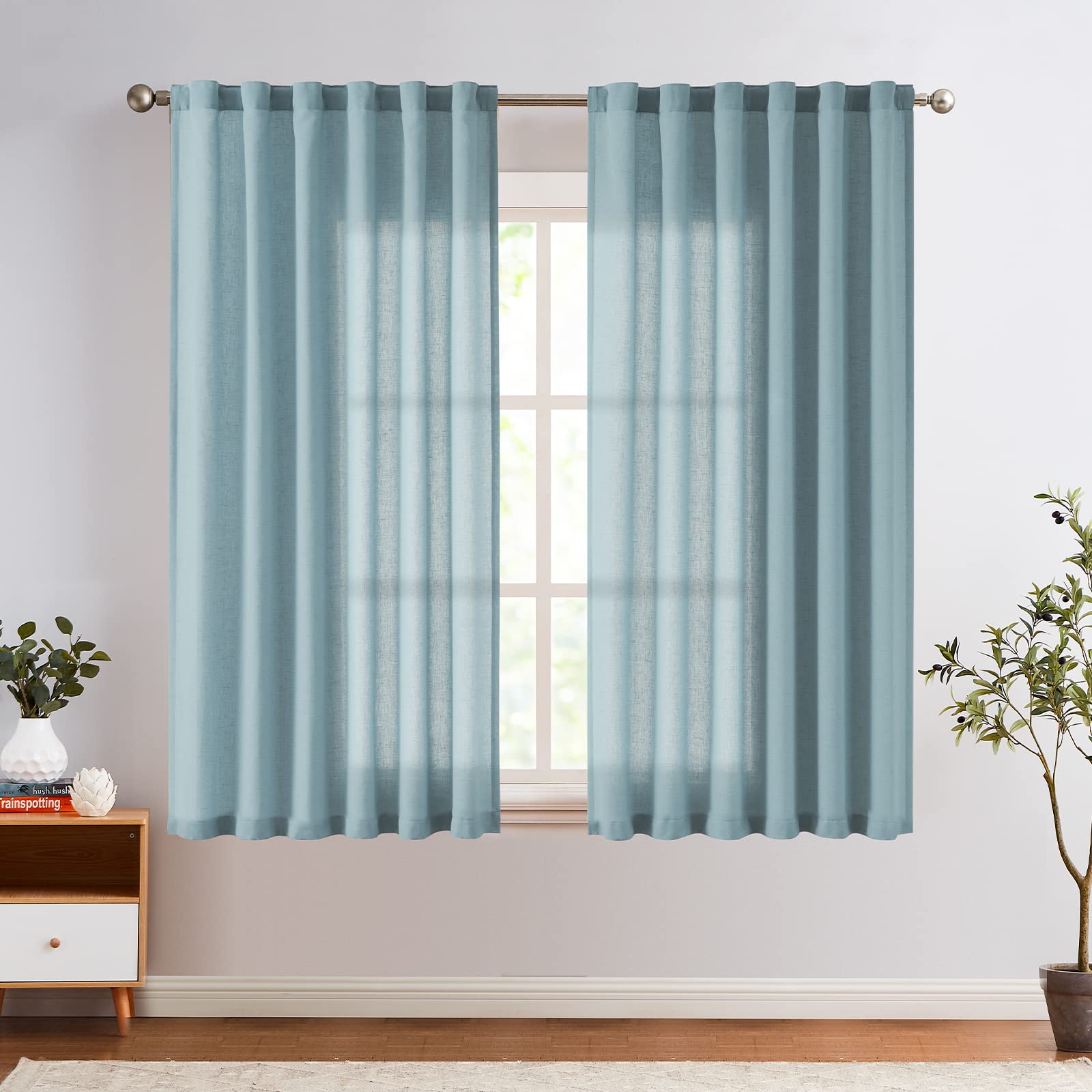 Jinchan Linen Blue Curtains 63 Inches Length For Living Room Farmhouse Rod Pocket Back Tab Light Filtering Window Drapes 2 Panels For Bedroom