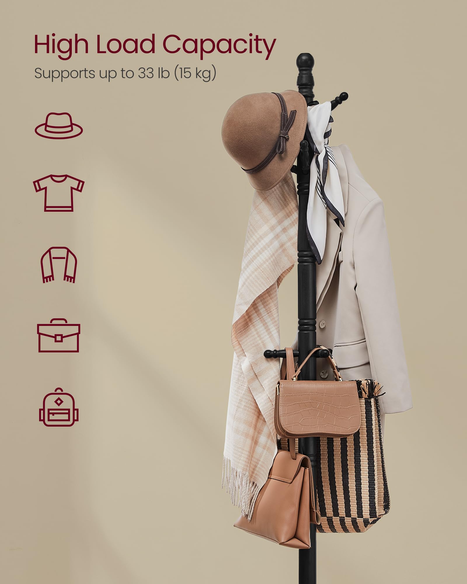 Vasagle Solid Wood Coat Rack And Stand, Free Standing Hall Coat Tree With 10 Hooks For Hats, Bags, Purses, For Entryway, Hallway, Rubberwood, Ink Black Urcr003B01