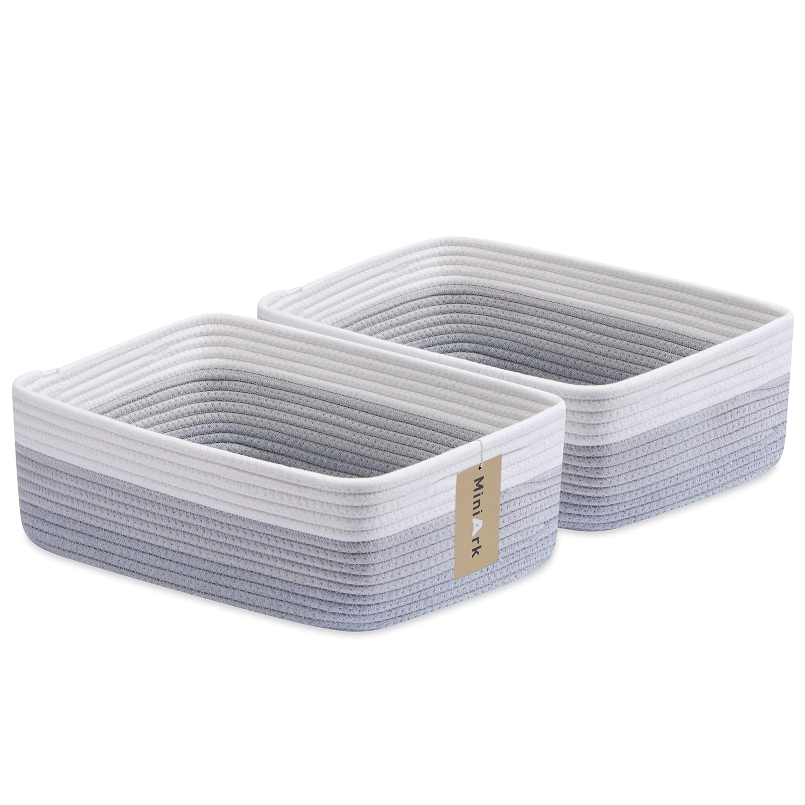 MiniArk Large Shallow Organizing Baskets 15x11x5.1 Inches - Rope Woven Storage Bins for Bathroom, Shelves, Cube Closet, Gradient