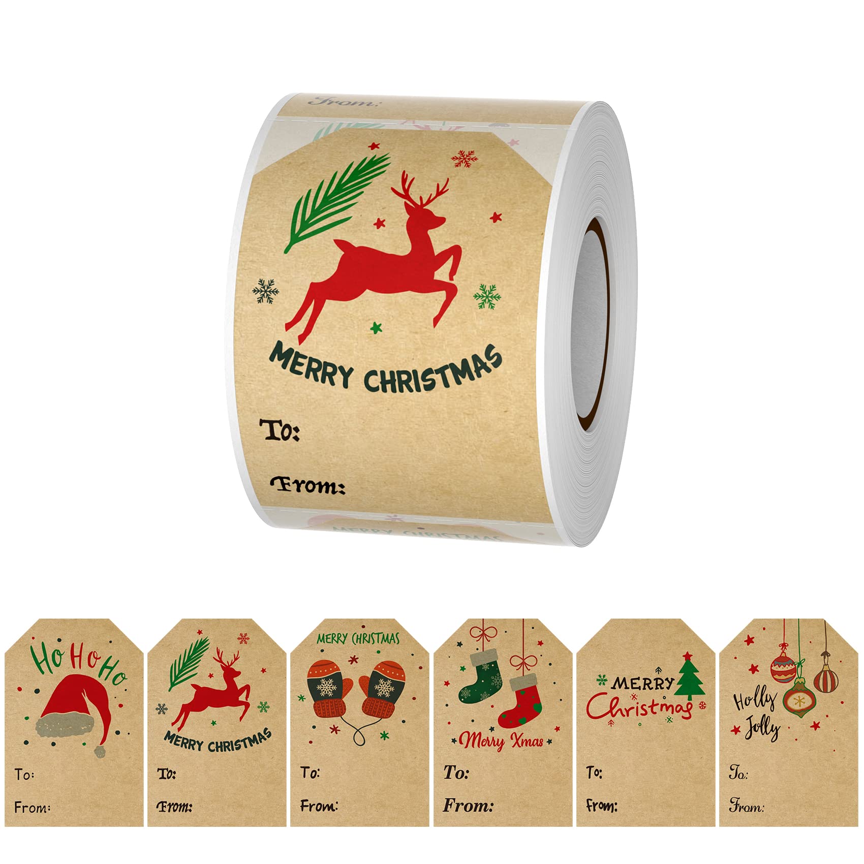 300 Pcs Christmas Stickers,2 * 3 Inch Christmas Label Stickers,6 Designs Of Christmas Gift Labels,Kraft Paper Christmas Stickers