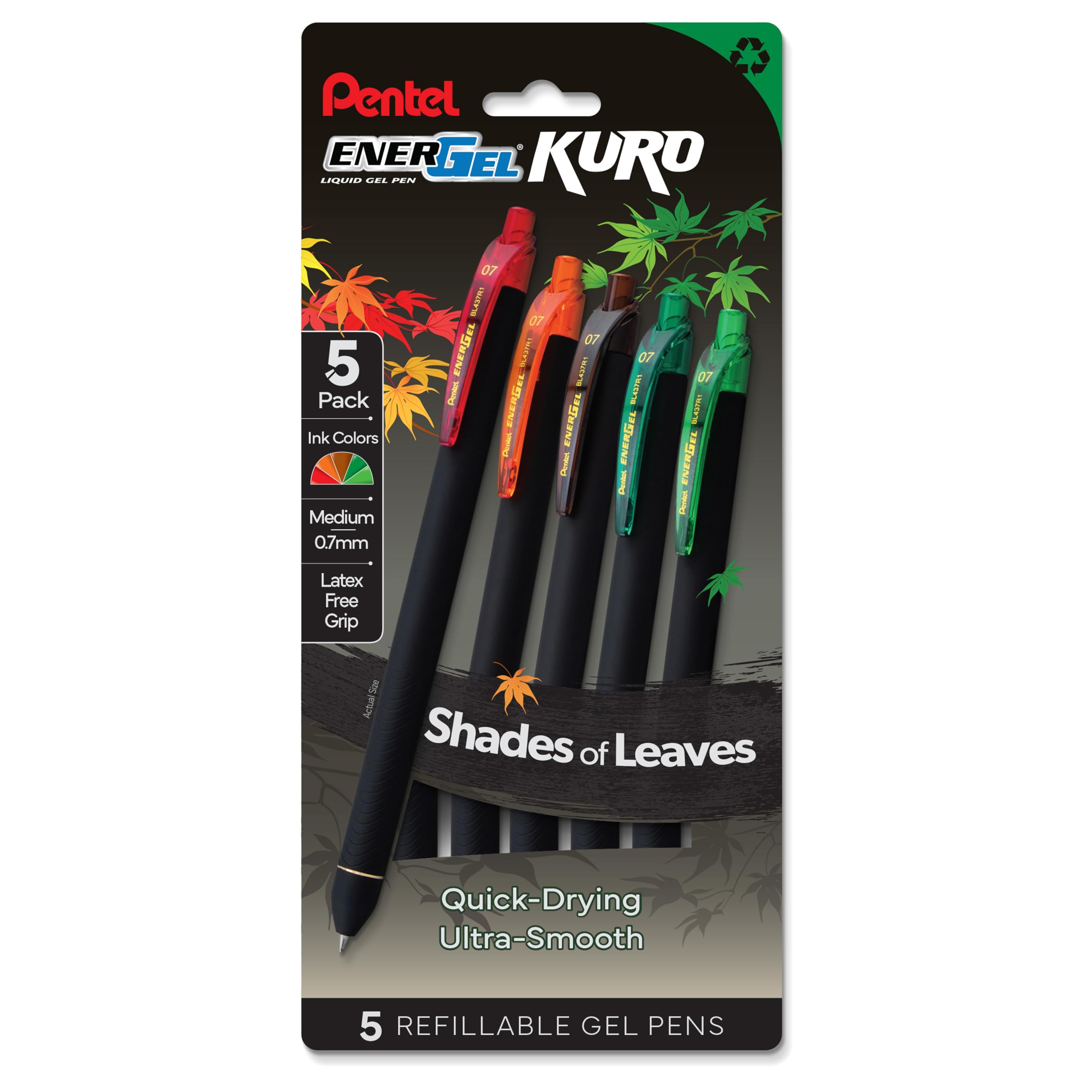 Pentel Energel Kuro Shades Of Leaves, Retractable Liquid Gel Pen, Assorted Ink Colors, Pack Of 5 (Bl437Lvspf5)