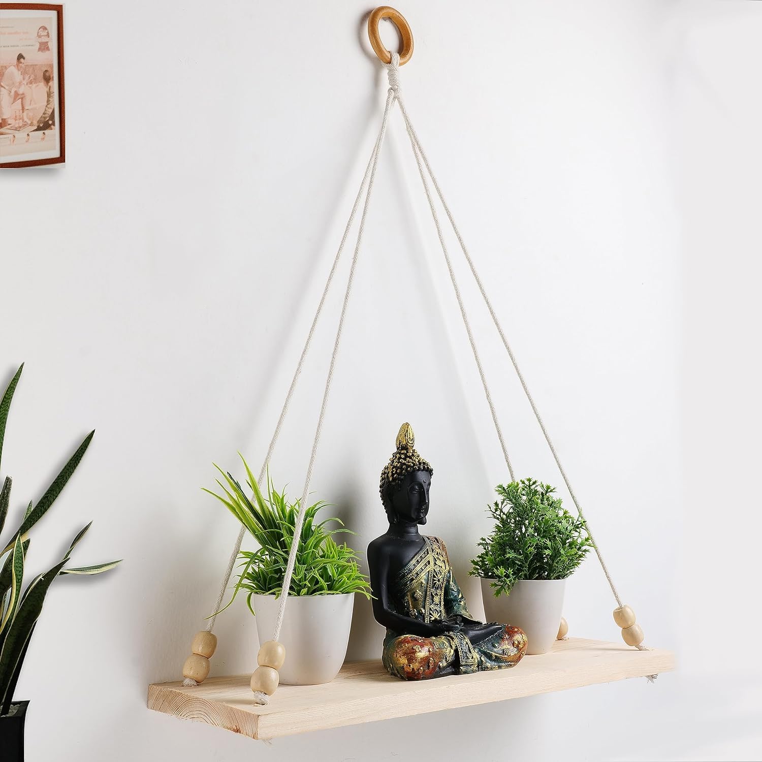 Muizz Macrame Wall Hanging Shelf Wood Floating Shelves With Wooden Beads & Ring Modern Chic Decor For Dorm Living Room Nursery G