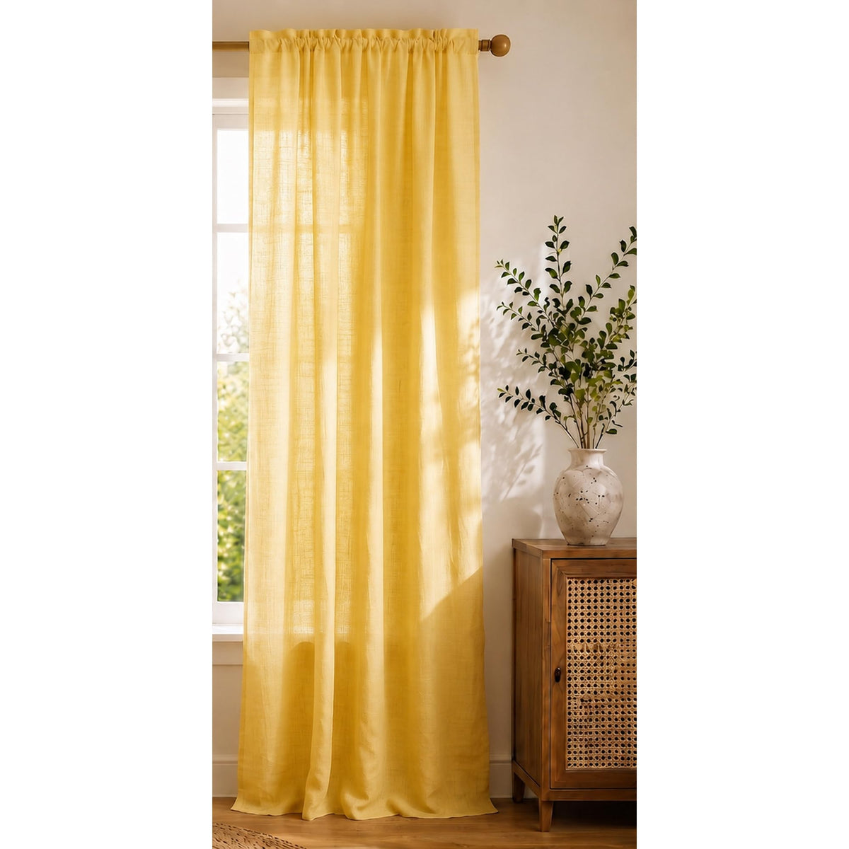 HOMEMONDE Solid Linen Sheer Curtain 7 Feet Door 1 Piece Transparent Rod Pocket Style Panels for Living Room, Bedroom, Office Dec
