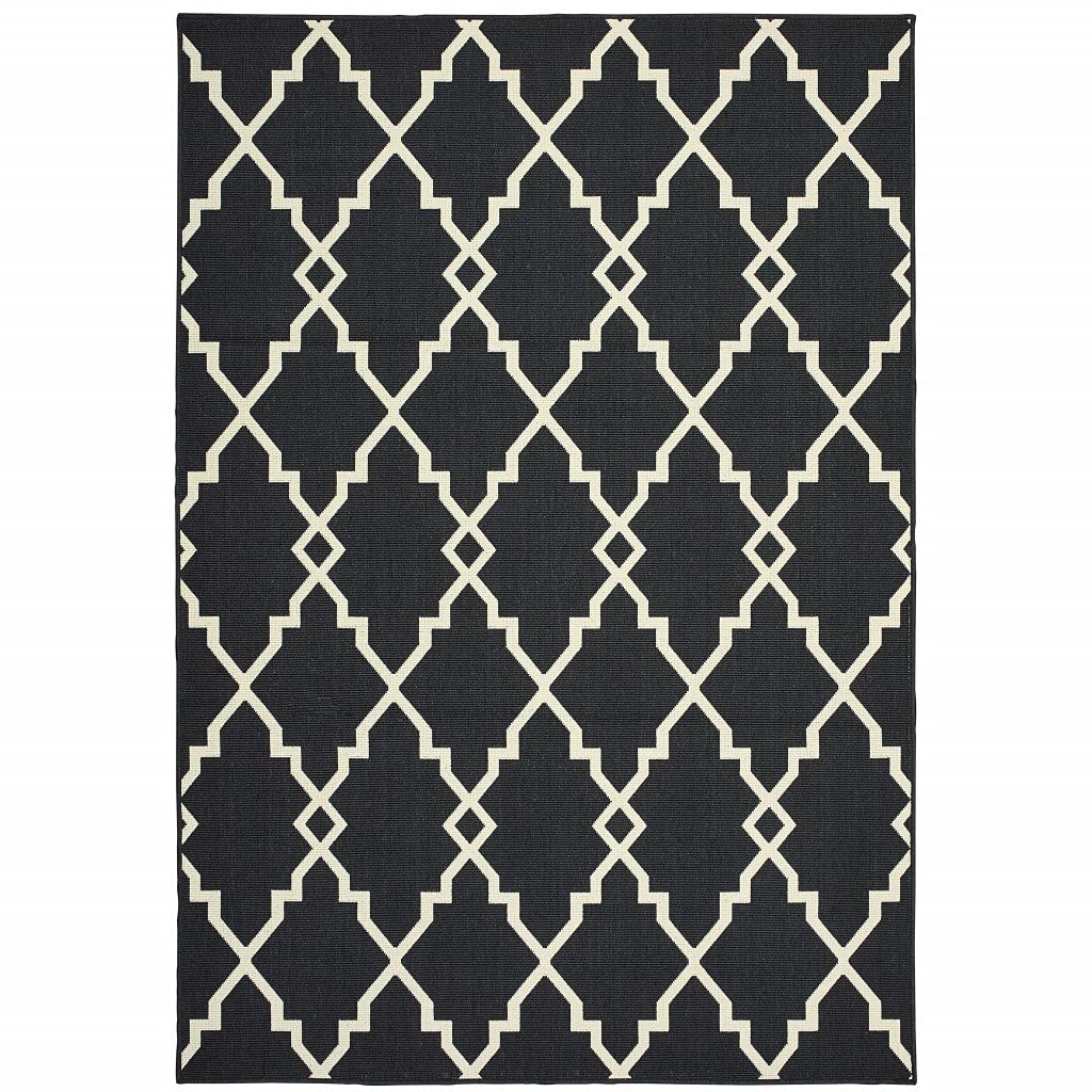HomeRoots Polypropylene 8’x11’ Black and Ivory Trellis Indoor Outdoor Area Rug