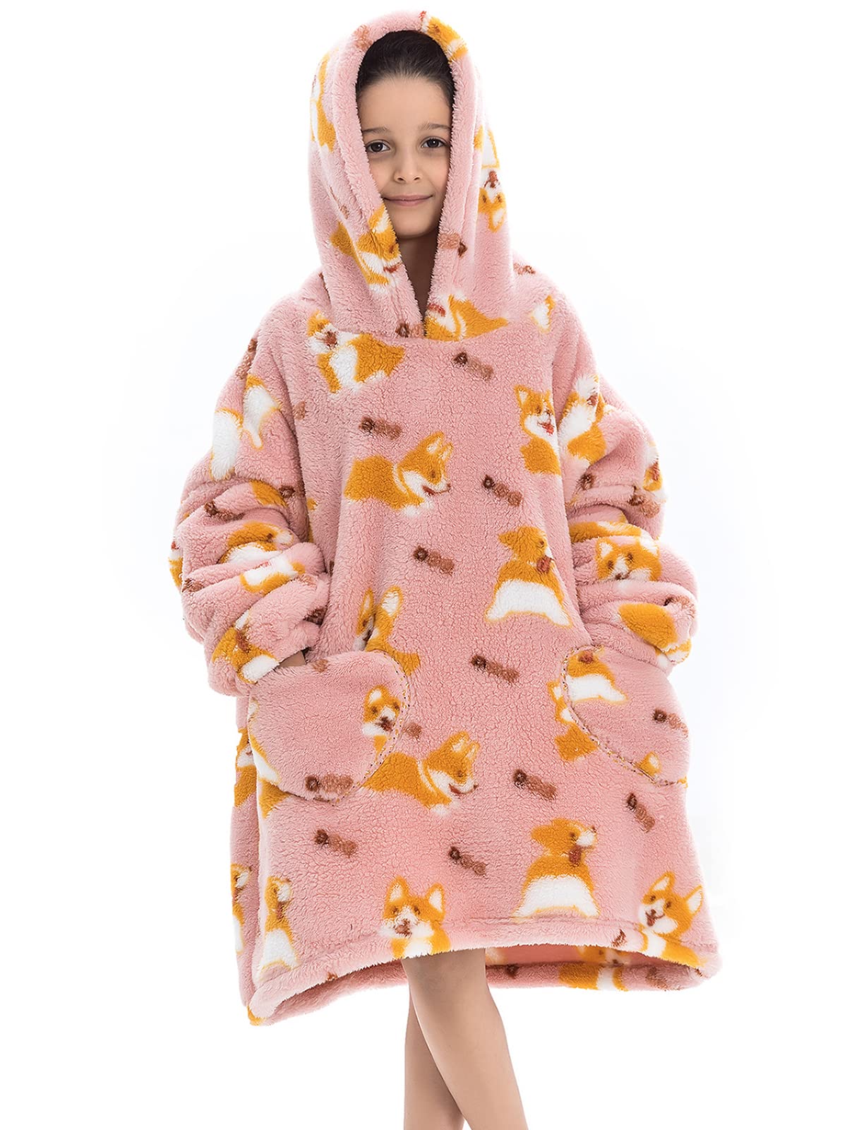 Wearable Blanket Hoodie For Kids Toddler Oversized Sweatshirt Cute Fleece Sherpa Blanket Girls Boys Pink Corgi 6-10 Year