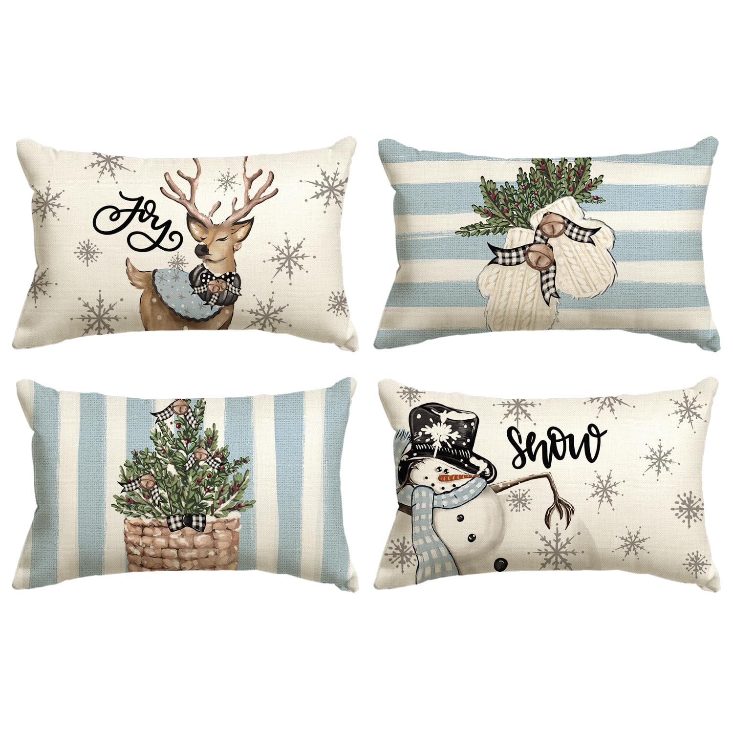 Avoin Colorlife Christmas Snowman Reindeer Gloves Eucalyptus Blue Throw Pillow Covers, 12 X 20 Inch Winter Holiday Stripes Cushi