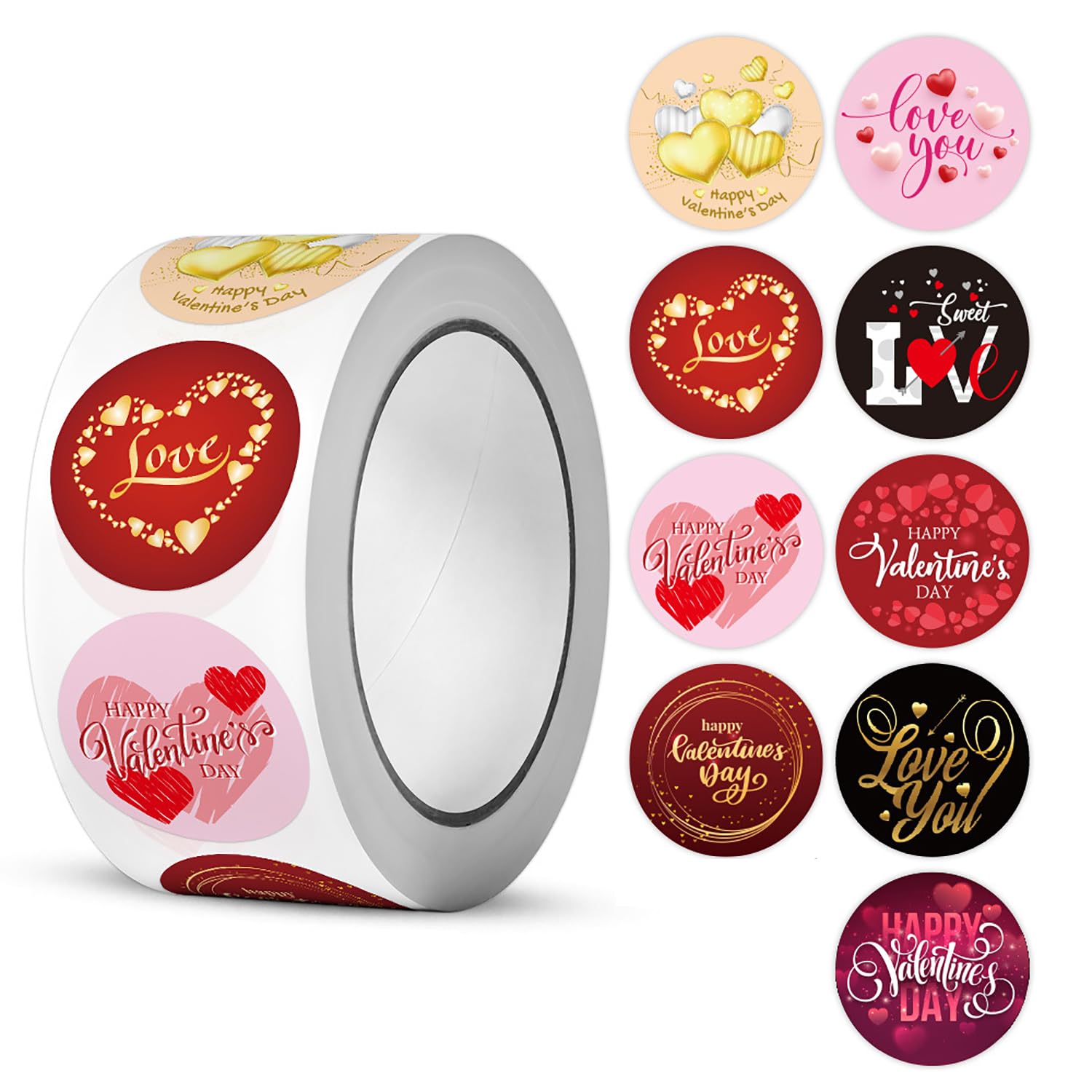 Valentine'S Day Sticker Roll, Heart Label Sticker 500 Pcs Happy Valentines Day Roll Stickers 1 Inch Self Adhesive Love Round Sti