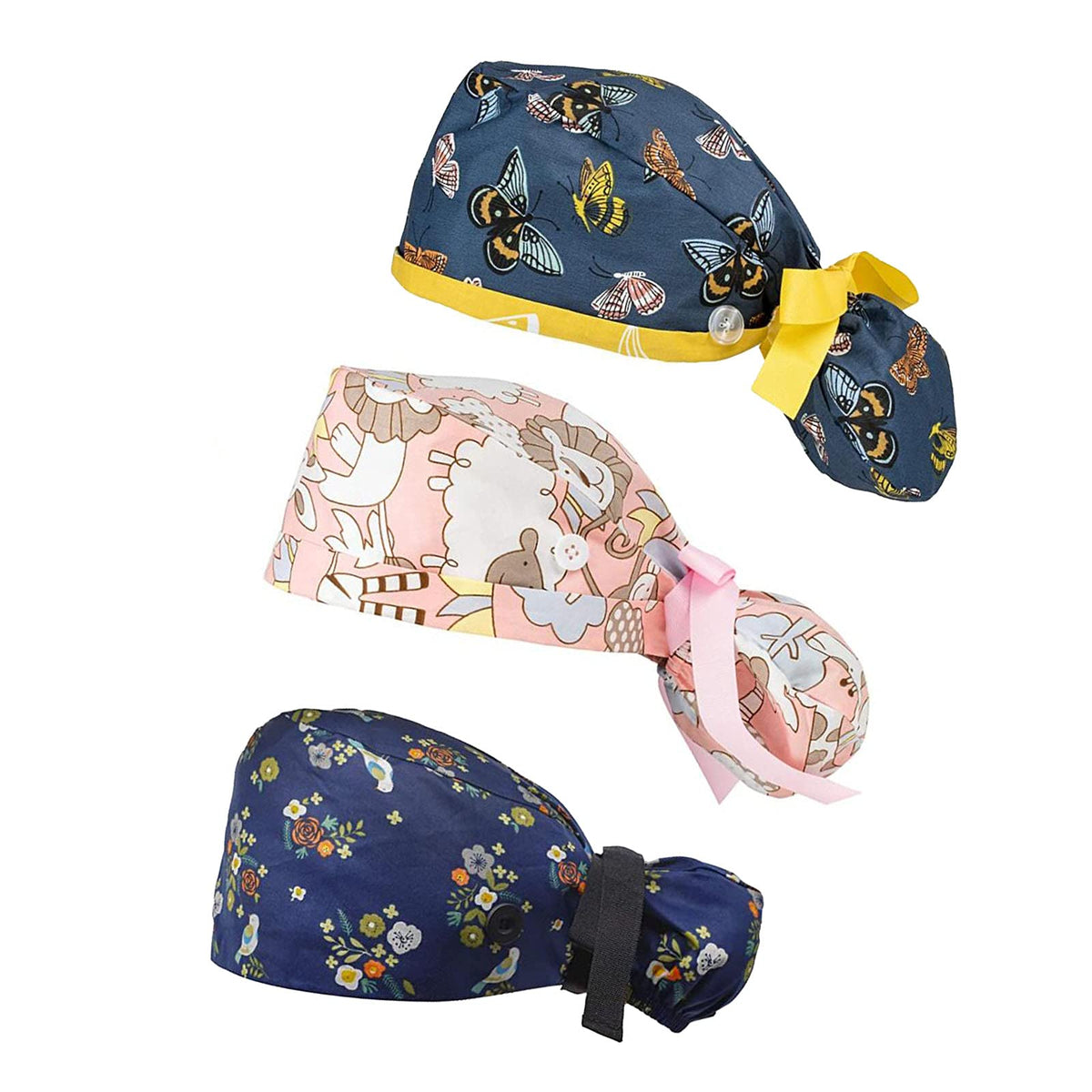 Scrub Hats Women Long Hair Surgery Cap Chemo Hats Cancer Headwear Head Scarfs Bouffant Caps Working Cap with Buttons and Ribbon 