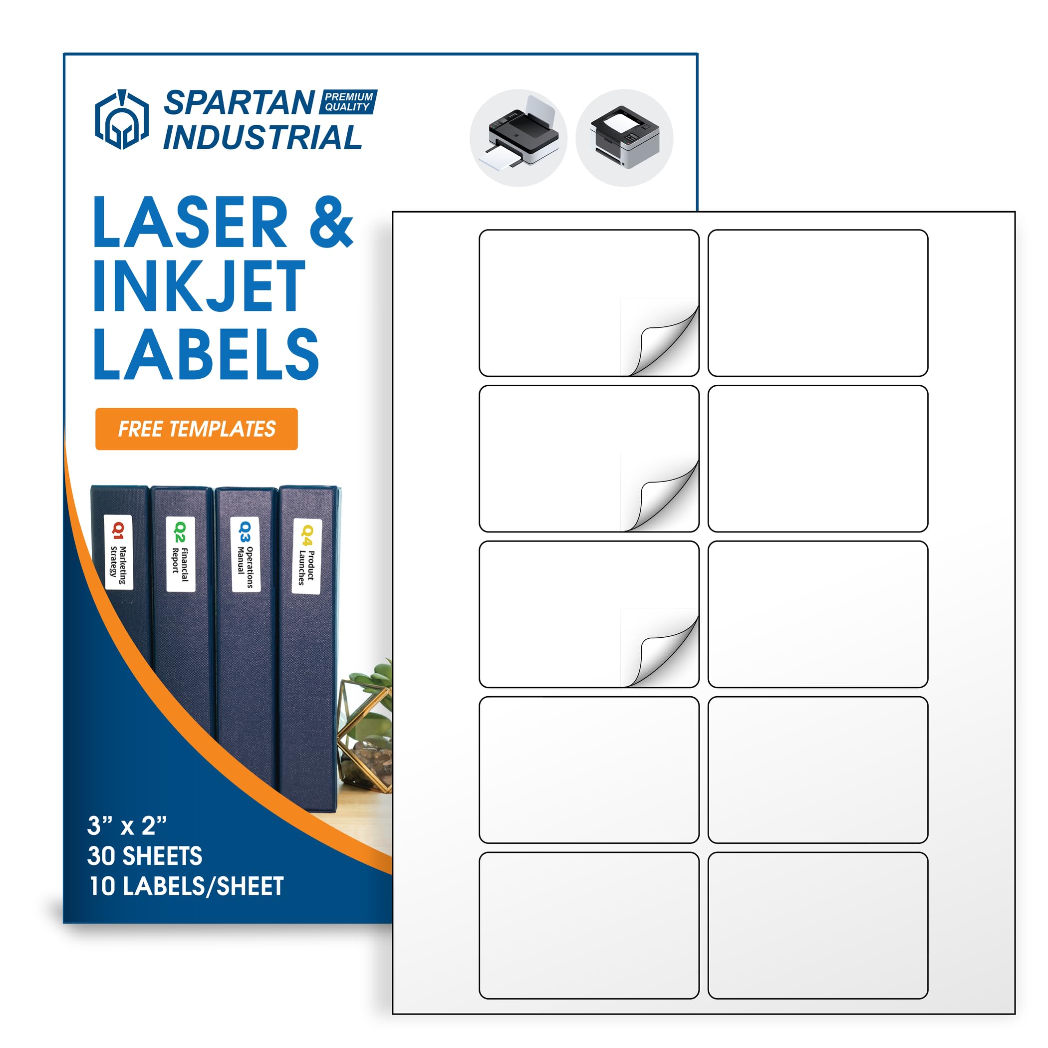 Spartan Industrial Printable Laser And Inkjet Labels - 3' X 2' White Name Tag Labels - 30 Sheets, 300 Total Labels For Postage