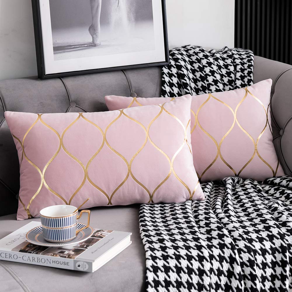 Dezene Gold Velvet Throw Pillow Covers: 2 Pack 12X20 Inch Rectangular Decorative Pillow Cases For Bedroom Sofa Couch Living Room