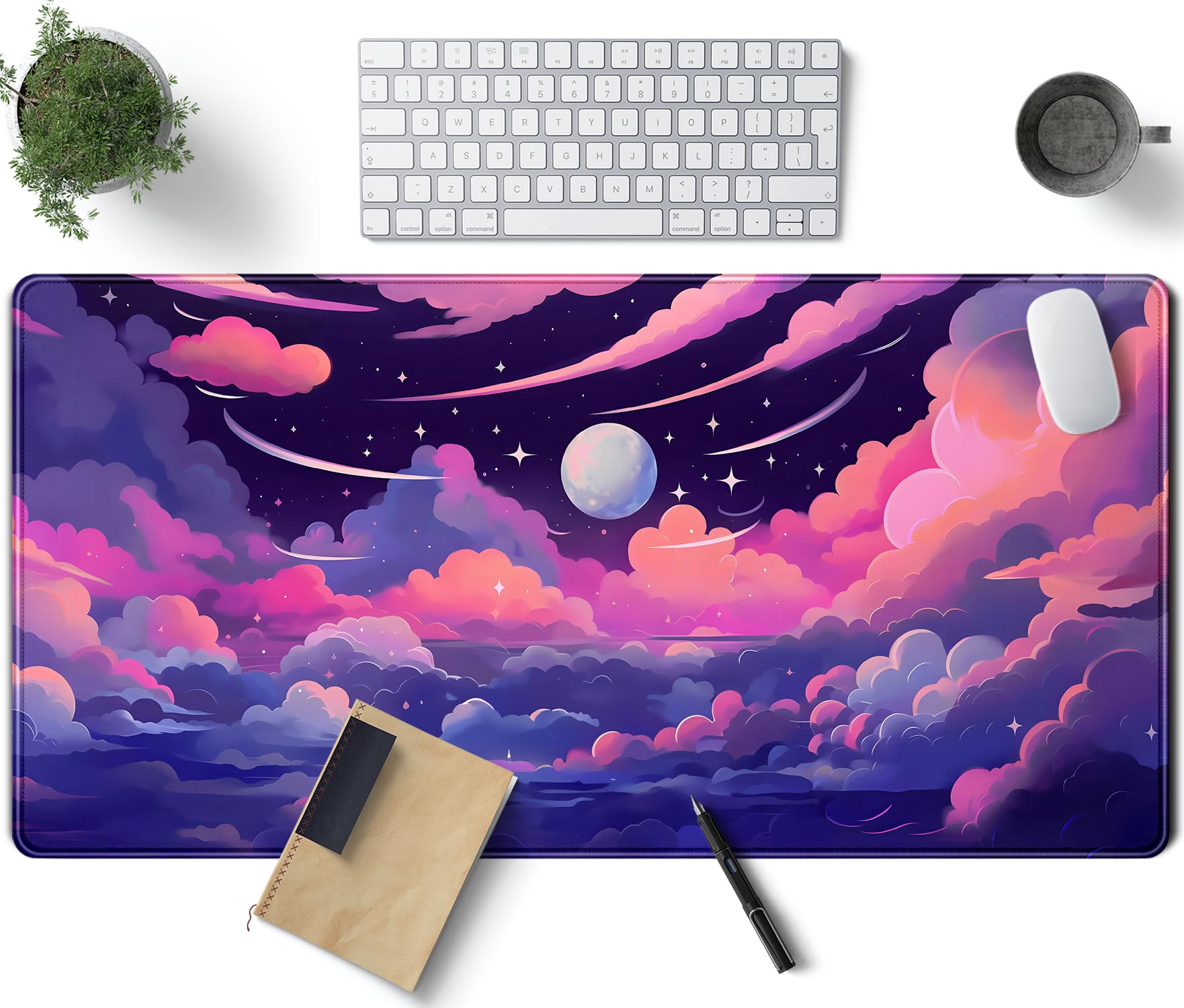 Pastel Pink Purple Clouds Moon Mouse Pad Desk Mat, Cute Space Deskmat Xxl Large Extended Mousepad Gaming Desk Pad, Big Laptop Co