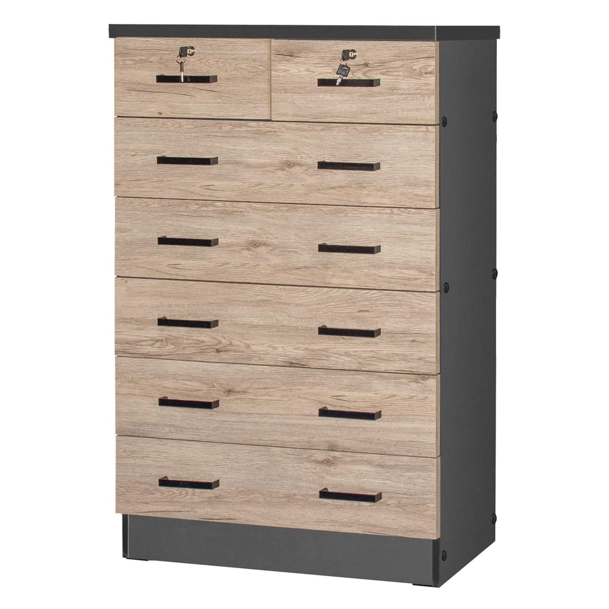 Better Home Products Cindy 7 Drawer Chest Wooden Dresser Natural Oak & Dark Gray