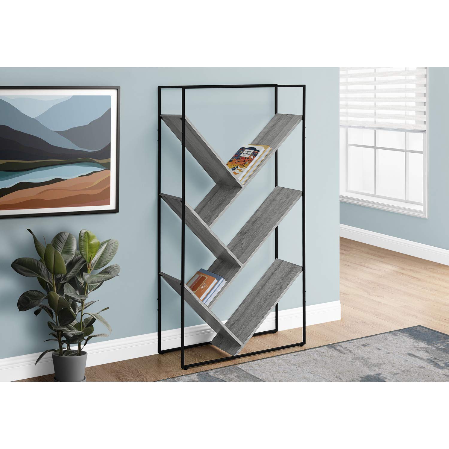 Monarch Specialties I 2200 Bookshelf, Bookcase, Etagere, 3 Tier, 60&quot; H, Office, Bedroom, Metal, Laminate, Grey, Black, Contemporary, Modern