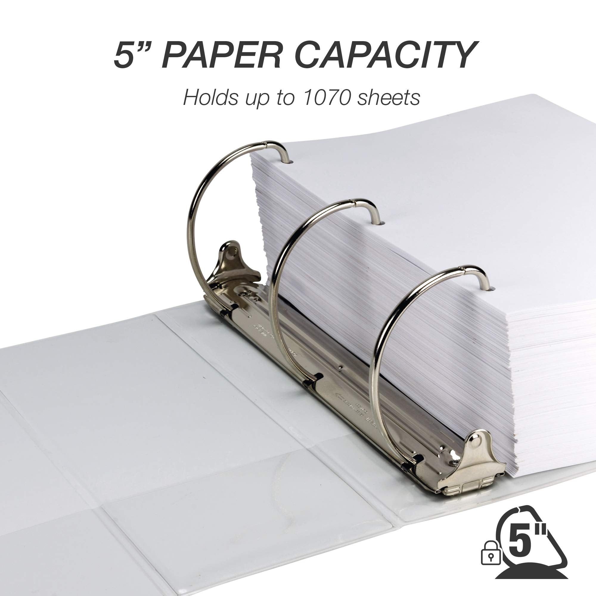 Samsill Durable 5 Inch Binder, Made In The Usa, D Ring Binder, Customizable Clear View Binder, White, Holds 1050 Pages