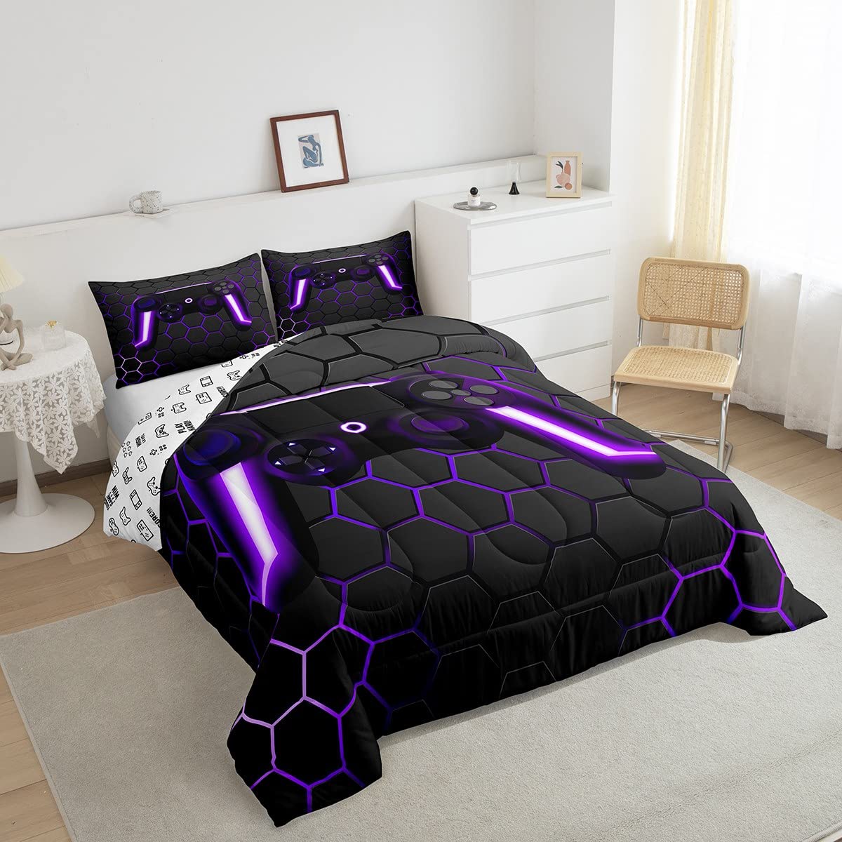 Erosebridal Gaming Comforter Set For Boys Gamer Comforter,Game Contoller Bedding Home Decor For Kids Men Video Game Bed Set,Neon Lights Gamepad Duvet Set,Purple Grey Hexagon Honeycomb Bedding,Queen