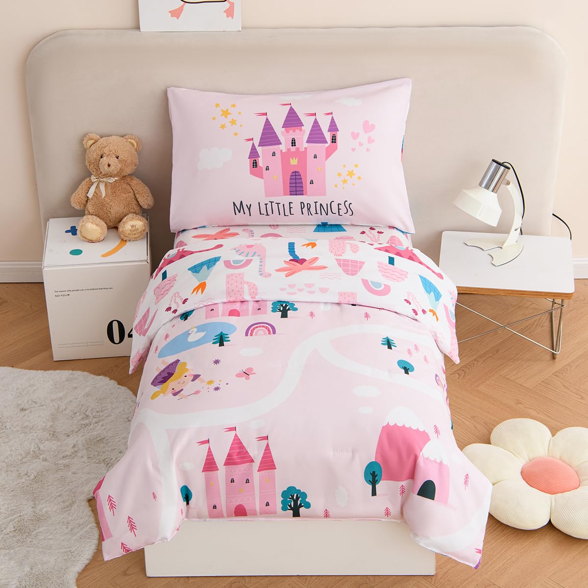 Perfemet 4 Pieces Girls Toddler Bedding Set Pink Castle Fairy Tales Toddler Comforter Set Reversible Colorful Rainbow Princess P