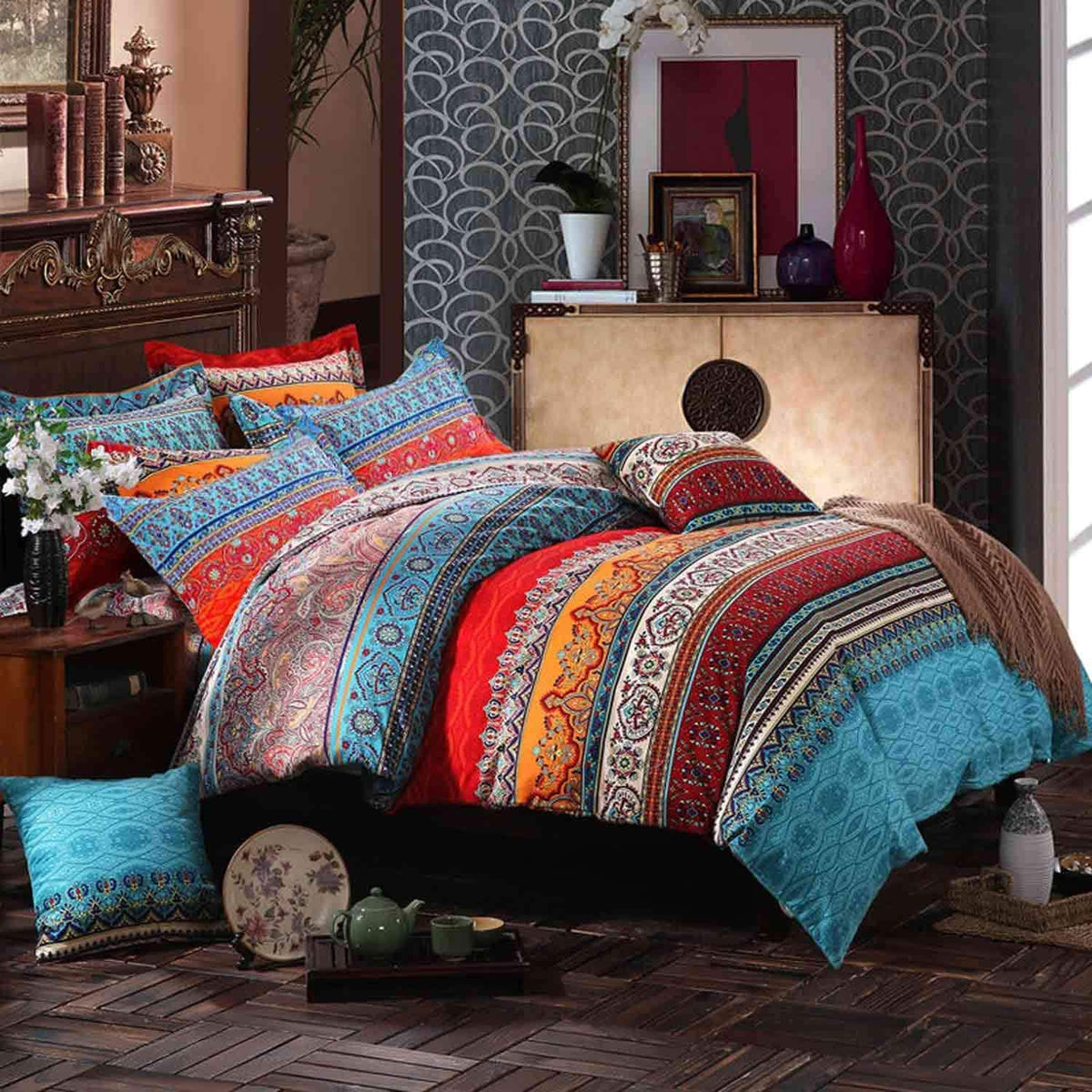 Bohemian Duvet Cover Queen, Microfiber Bohemian Bedding Sets, 3 Pieces Boho Duvet Cover For All Seasons, 1 Duvet Cover And 2 Pil