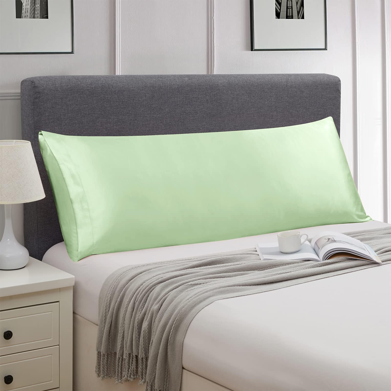 Ersmak Satin Body Pillow Cover, 20X54 Inches Sage Green Ultra Soft Satin Body Pillow Case For Hair And Skin, Silky Slip Cooling