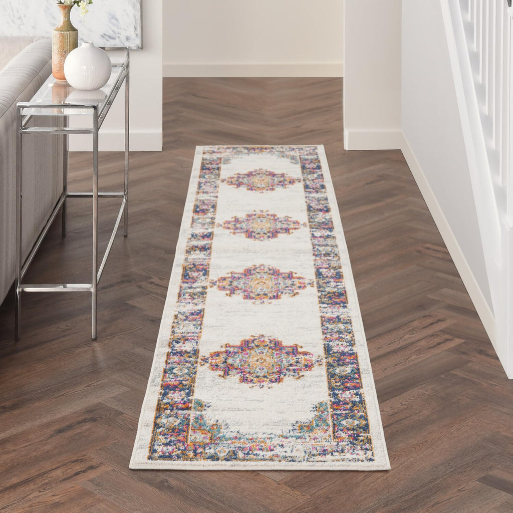 Nourison Passion Bordered Ivory Blue 2'2'' X 10' Area -Rug, Easy -Cleaning, Non Shedding, Bed Room, Living Room, Dining Room, Ki