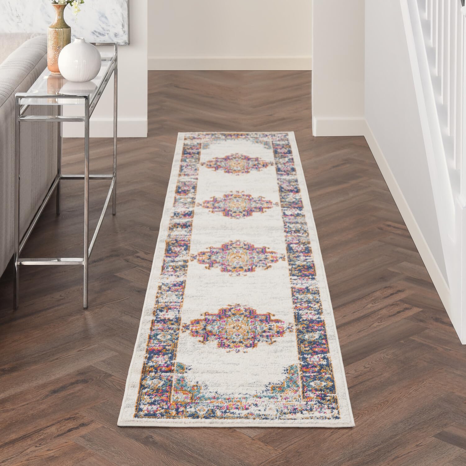 Nourison Passion Bordered Ivory Blue 2'2'' X 10' Area -Rug, Easy -Cleaning, Non Shedding, Bed Room, Living Room, Dining Room, Ki