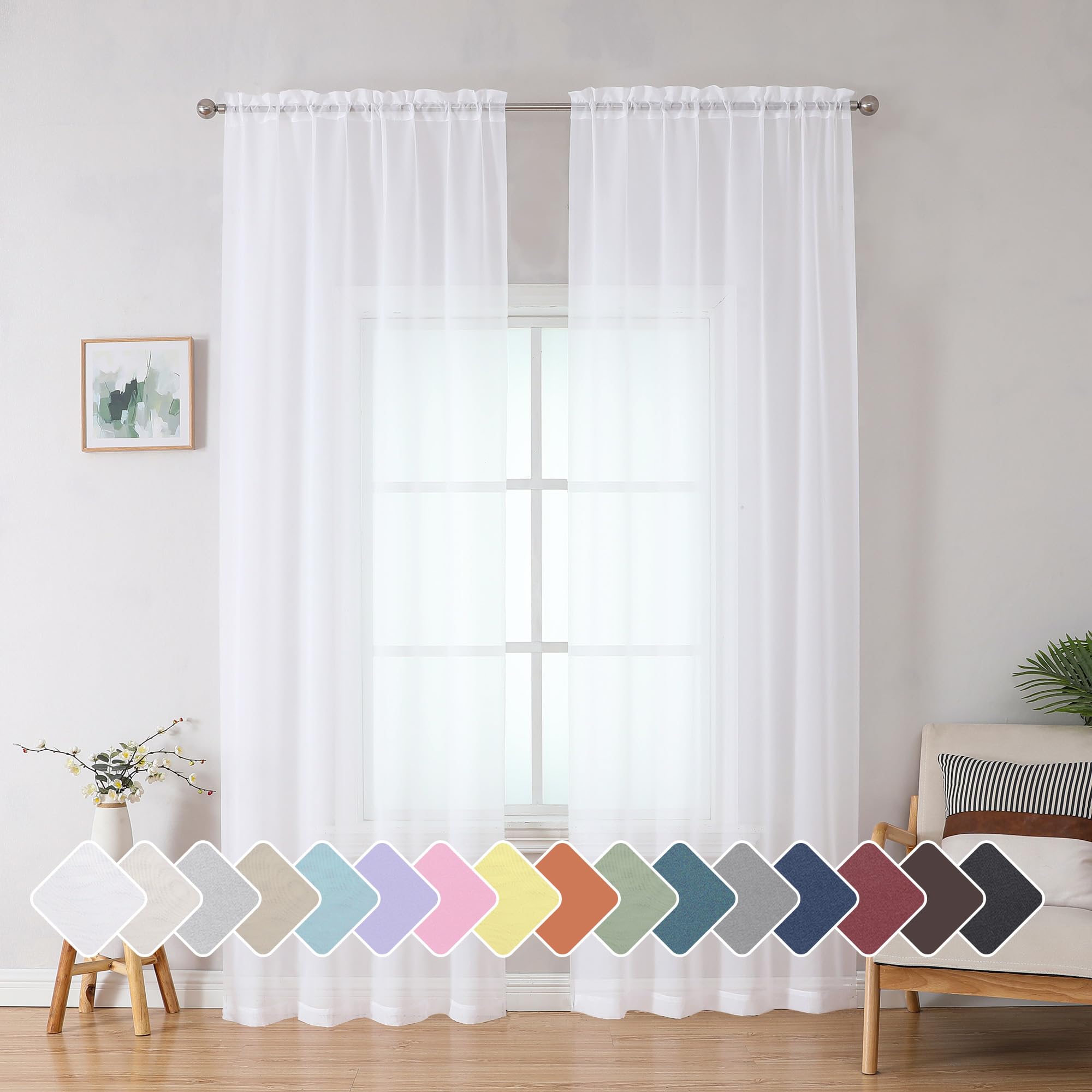 Simplebrand White Sheer Curtains 84 Inches Length 2 Panels Set, Sheer White Curtains Light Filtering Rod Pocket Window Sheer Cur