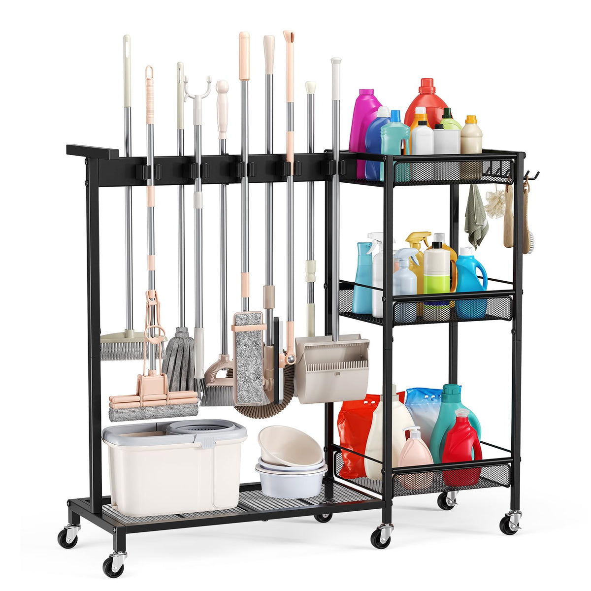 Beolisave Broom Holder with Cleaning Supplies Organizer, Cleaning Utility Cart on Wheels, 10 Clips & 7 Hooks, 3Tier Shelves, Br