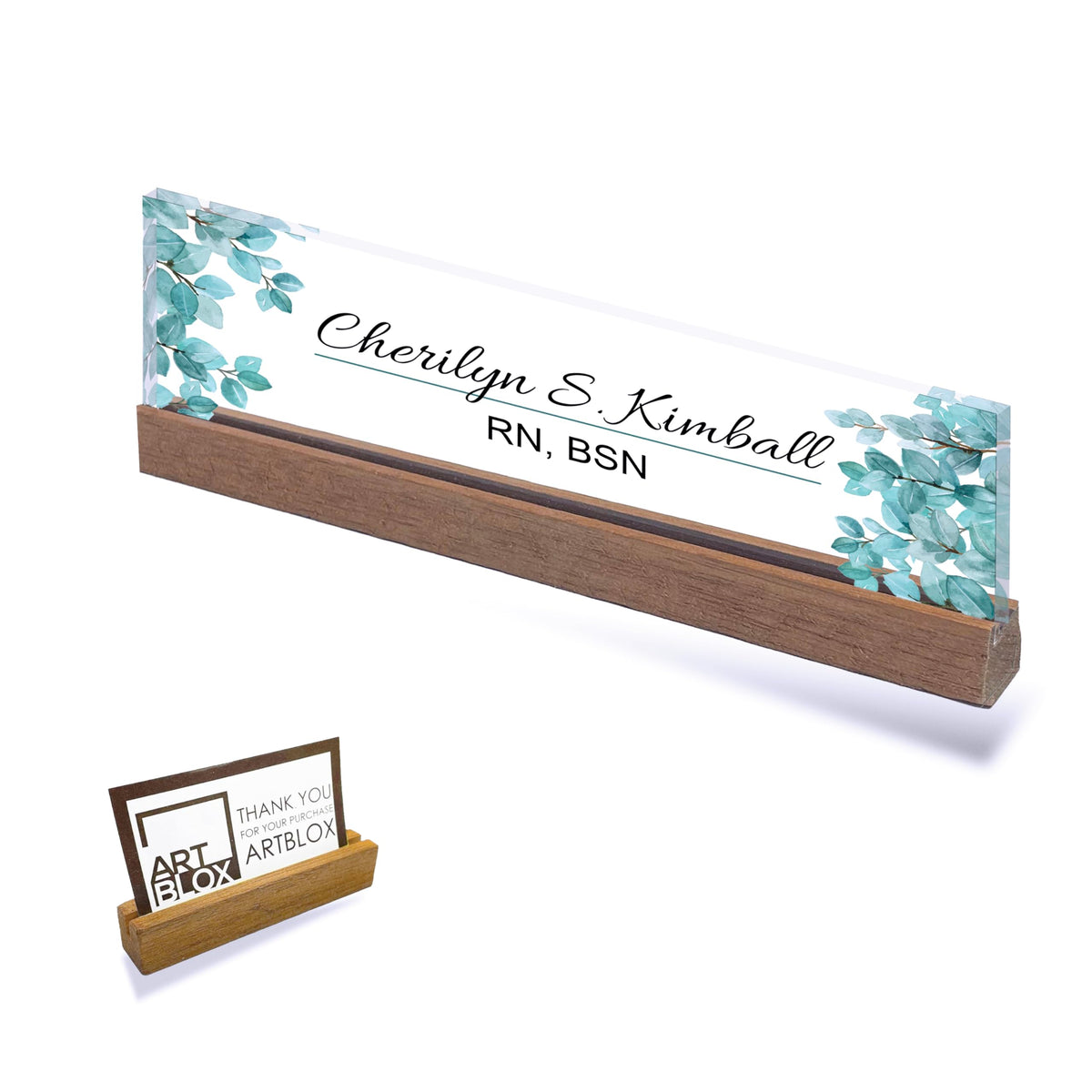 Artblox | Office Personalized Name Plate Leaf V4 Design On Clear Acrylic Glass For Desk With Business Card Holder