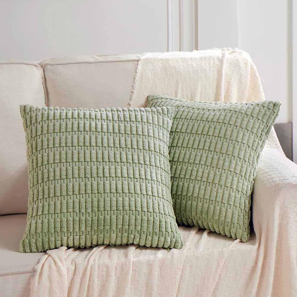 Fancy Homi 24X24 Pillow Covers, Pack Of 2 Sage Green Throw Pillow Covers With Stripe Pattern, Super Soft Corduroy Square Solid C
