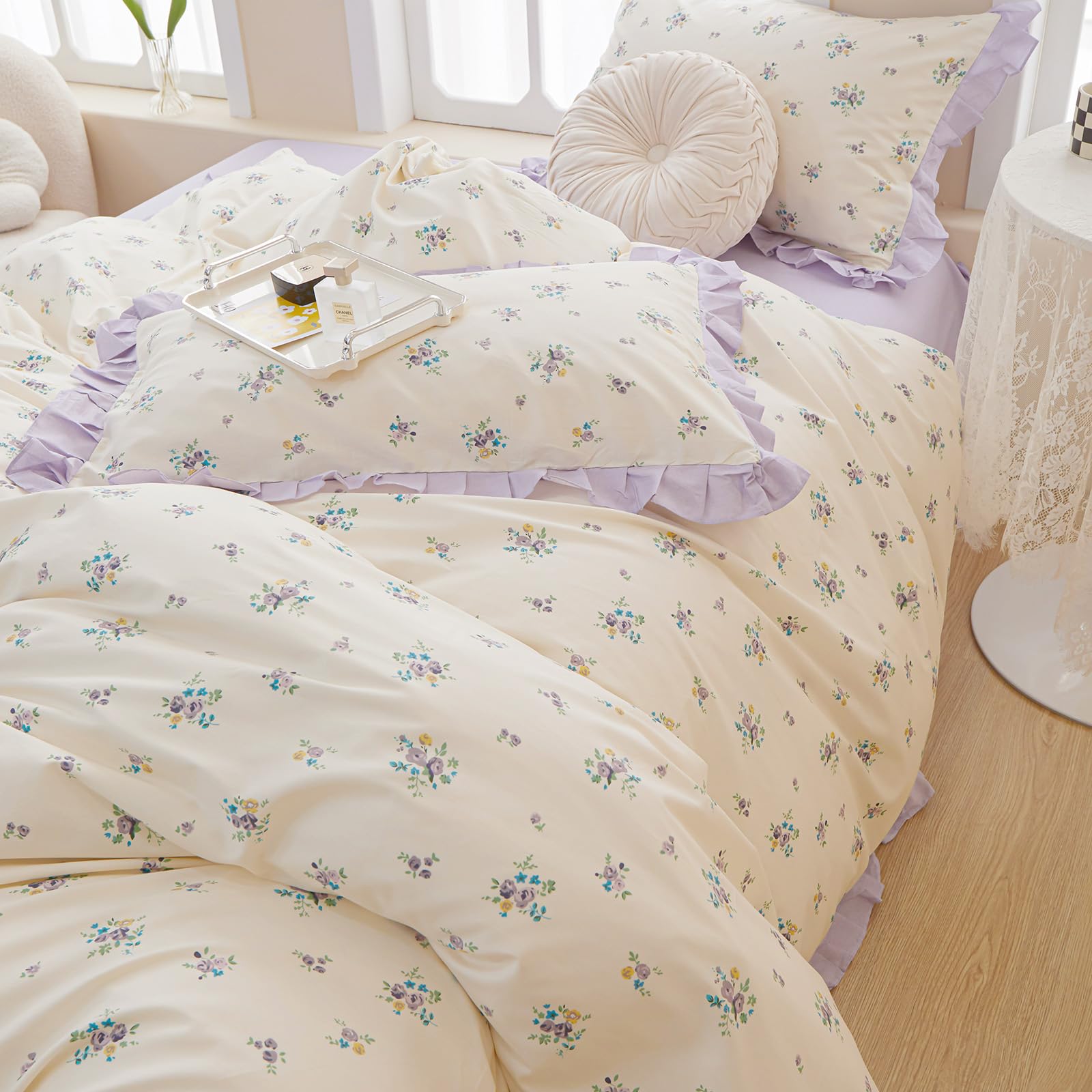 Lace Floral Duvet Cover Twin Cotton Purple Flower Duvet Cover 3 Pieces Girls Floral Comforter Cover Garden Style Princess Beddin