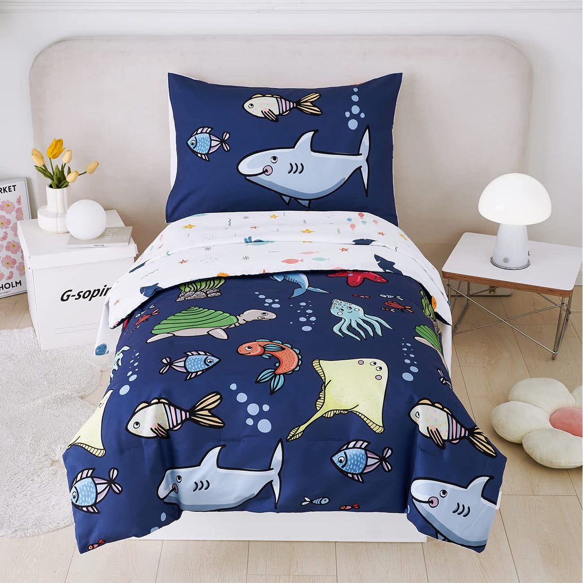 Perfemet 4 Pieces Toddler Bedding Ocean Animal Printed Toddler Comforter Set Reversible Lightweight Cartoon Bed In A Bag For Tod