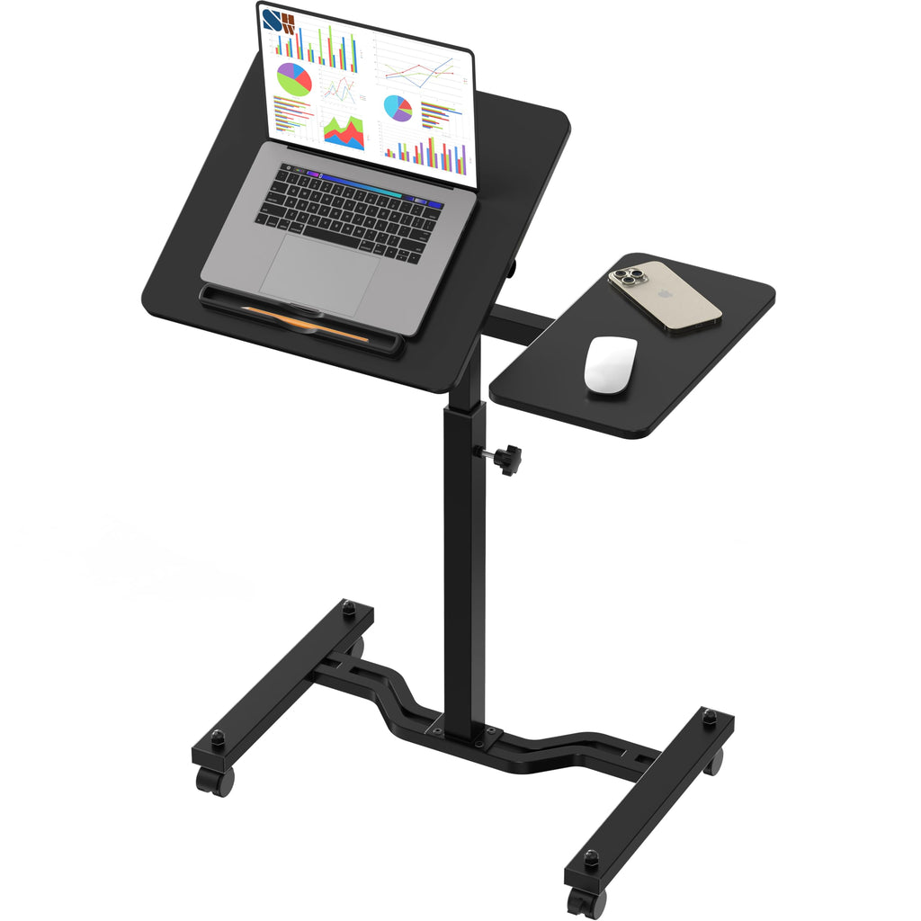 Shw Tim Rolling Adjustable Laptop Cart With Tilting Desktop And Side Shelf, Black