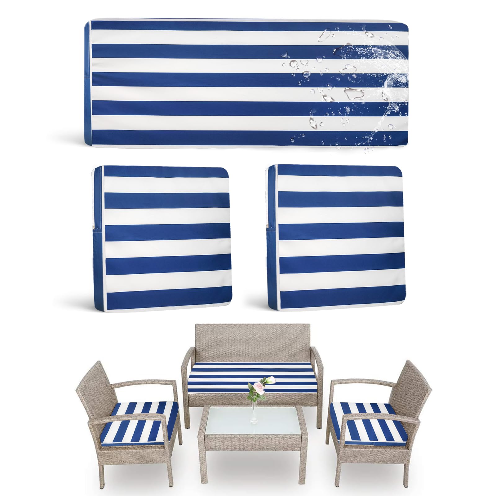 Bruxolay Outdoor Patio Furniture Cushion Covers, Waterproof Replacement Covers For 4-Piece Rattan Chair Wicker Furniture Set Blu