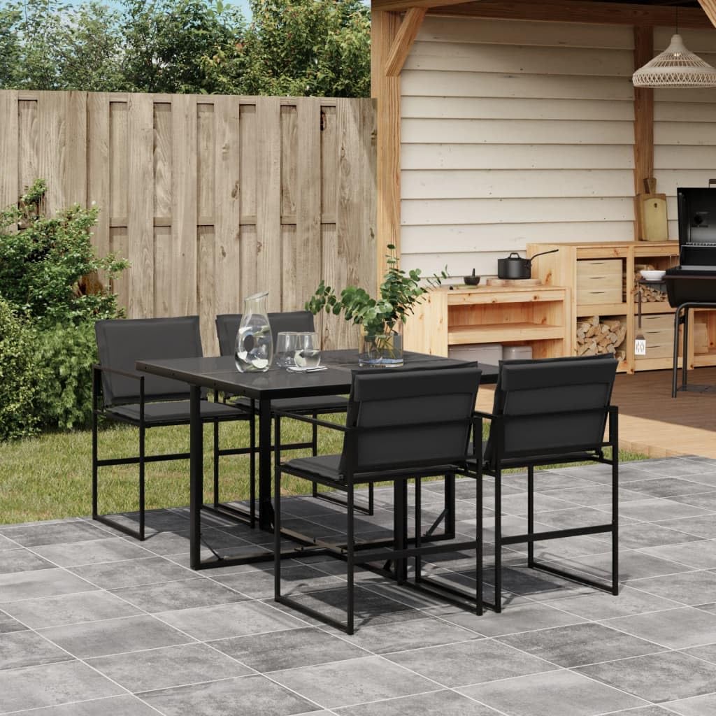 vidaXL 5 Piece Patio Dining Set with Cushions - Black Textilene Chairs and Tempered Glass Table, UV-Resistant, Compact Storage - Outdoor/Garden/Backyard Furniture