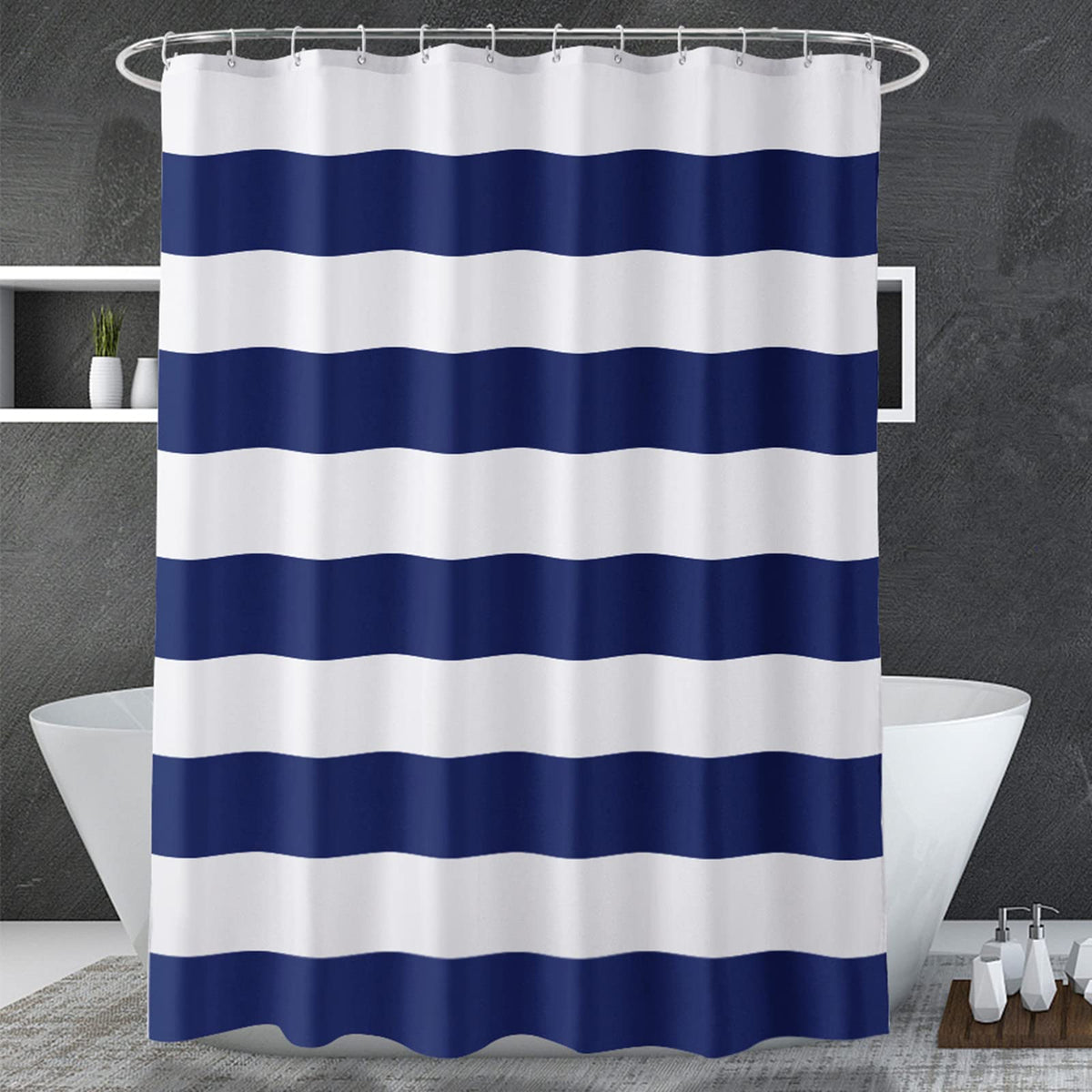 Amazerbath Navy Blue Shower Curtain Stripes, 72' W X 72' H Blue And White Shower Curtain, Fabric Shower Curtain For Bathroom,