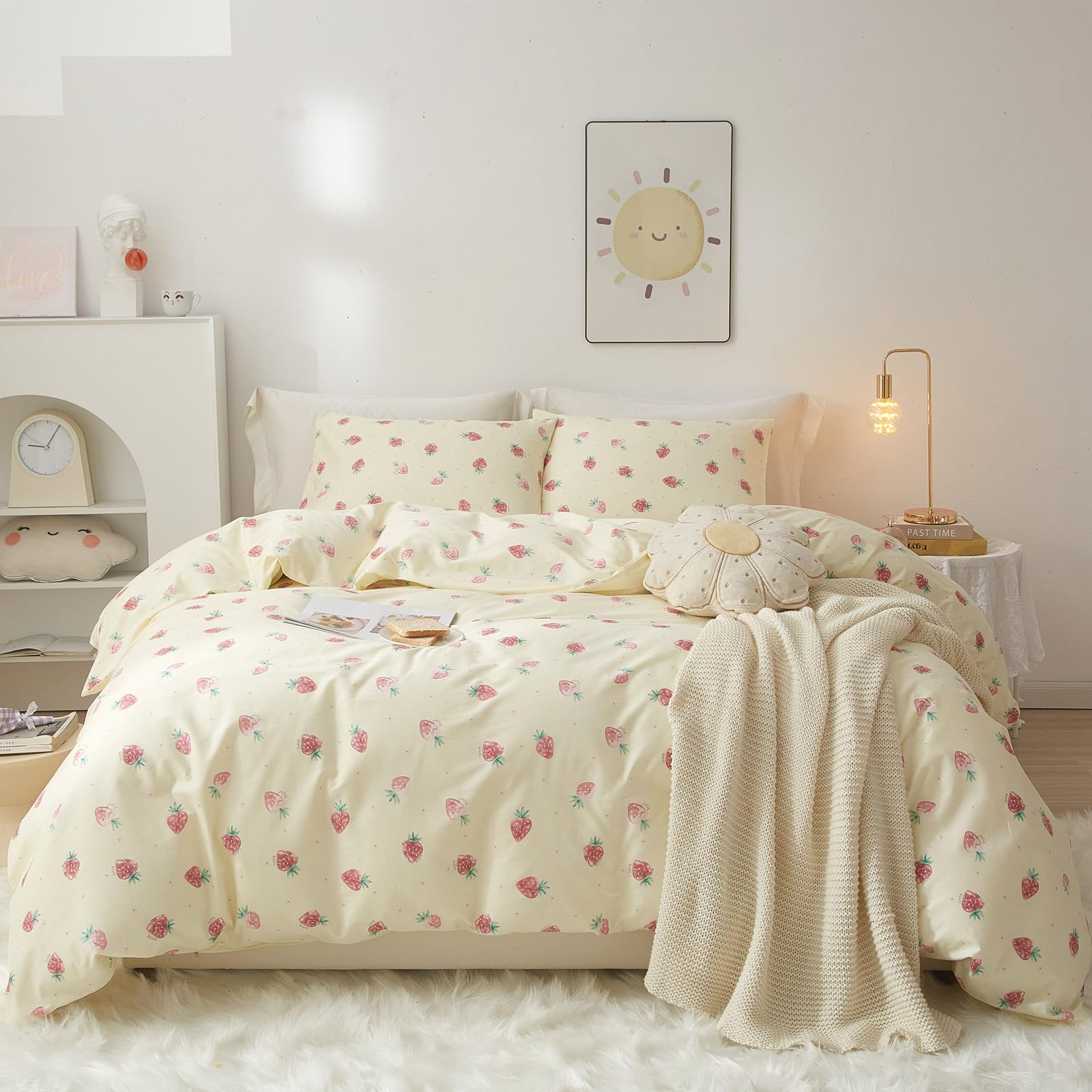 Vm Vougemarket Cute Strawberry Duvet Cover Full 3 Pieces Fruit Bedding Set Cream White Cotton Quilt Cover With Zipper For Girls