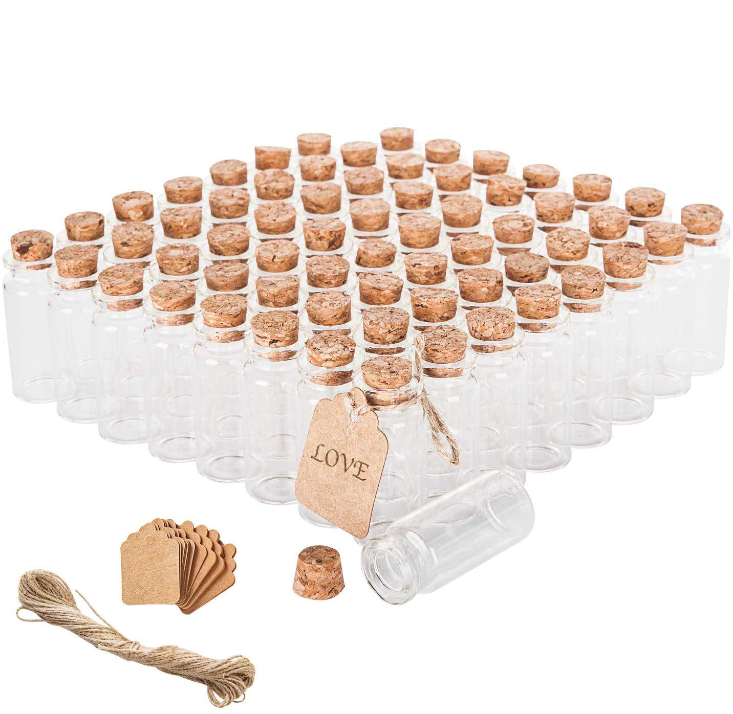 Brajttt 64PCS Cork Stoppers Glass Bottles, DIY Decoration Small Tiny Glass Jars Favors,Mini Vials Cork,10ml Storage Container fo