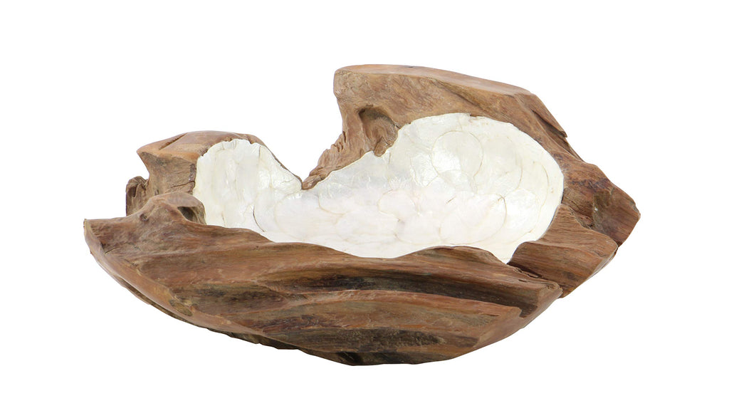 Deco 79 Teak Wood Handmade Live Edge Free Form Decorative Bowl With Capiz Interior, 5'' X 16'' X 16'', Tan Brown, Conveniently S