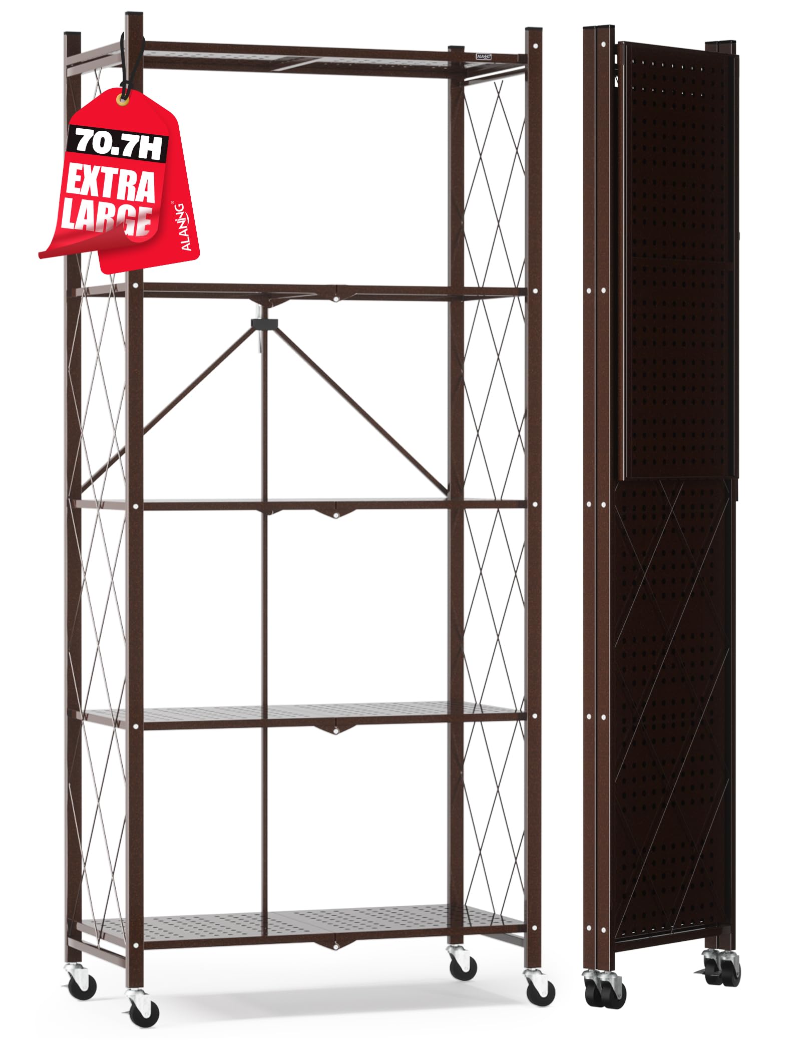 ALANNG 70.7 H Metal Storage Shelves, 5 Tier Folding Shelf on Wheels, H ...